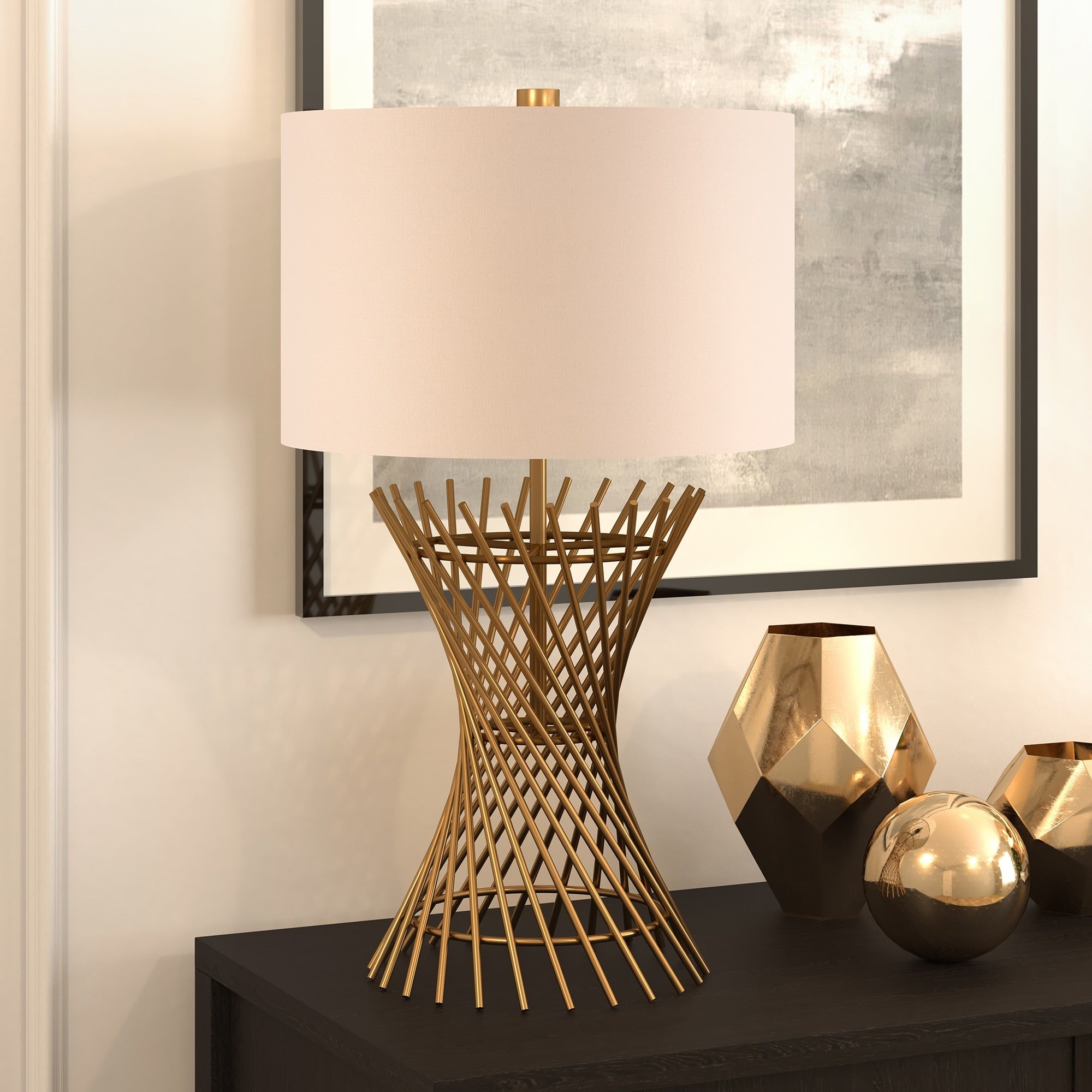 Owen Metal Table Lamp In Golden Antique Brass With Linen Shade
