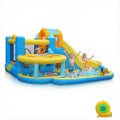 Oxford Cloth Inflatable Castle Bounce House In Blue And Yellow With Curved Slide Whack A Mole Water Play Function N A