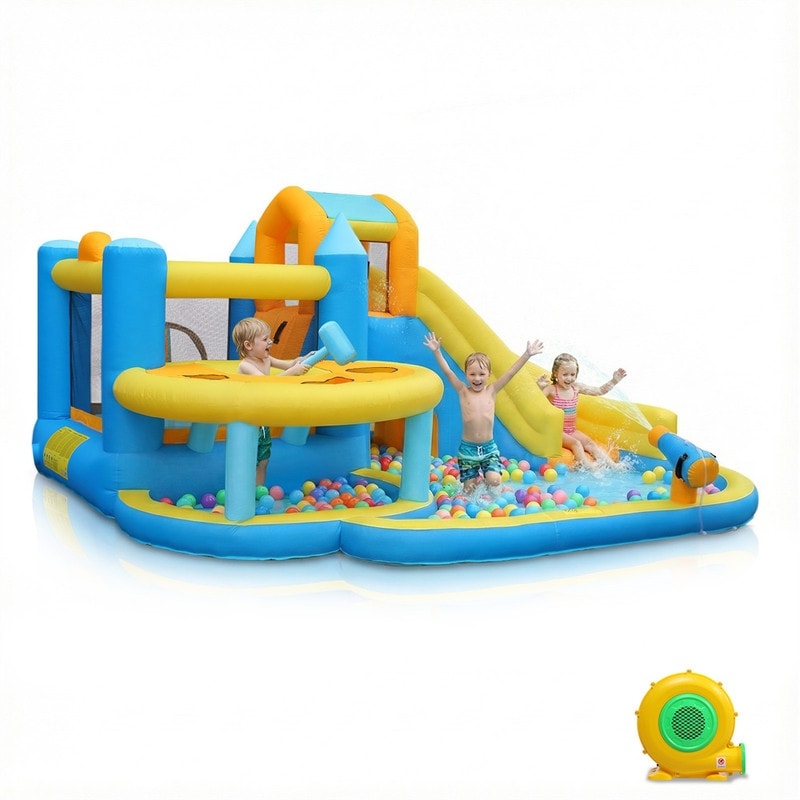 Oxford Cloth Inflatable Castle Bounce House In Blue And Yellow With Curved Slide Whack A Mole Water Play Function N A