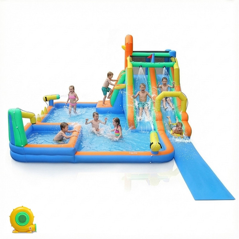 Oxford Cloth Inflatable Castle Bounce House In Blue And Yellow With Double Slides Climbing Wall And Water Pool N A