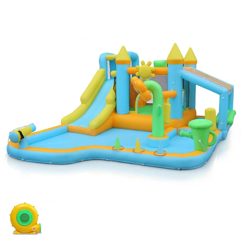 Oxford Cloth Inflatable Castle In Blue Garden Theme Bounce House With Slide Trampoline And Playhouse N A