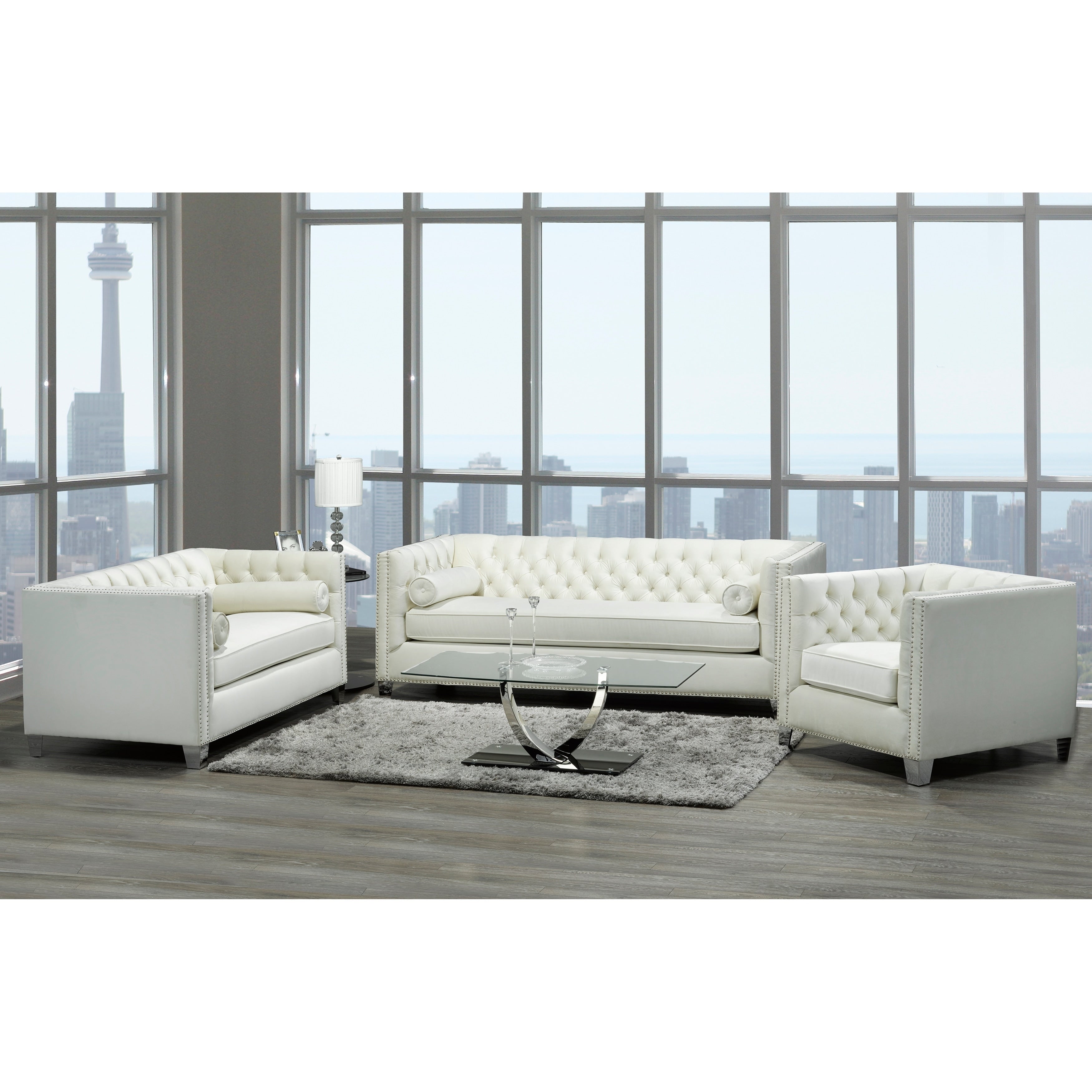Oz Modern Ivory Velvet Tufted Nailhead Sofa Loveseat And Chair