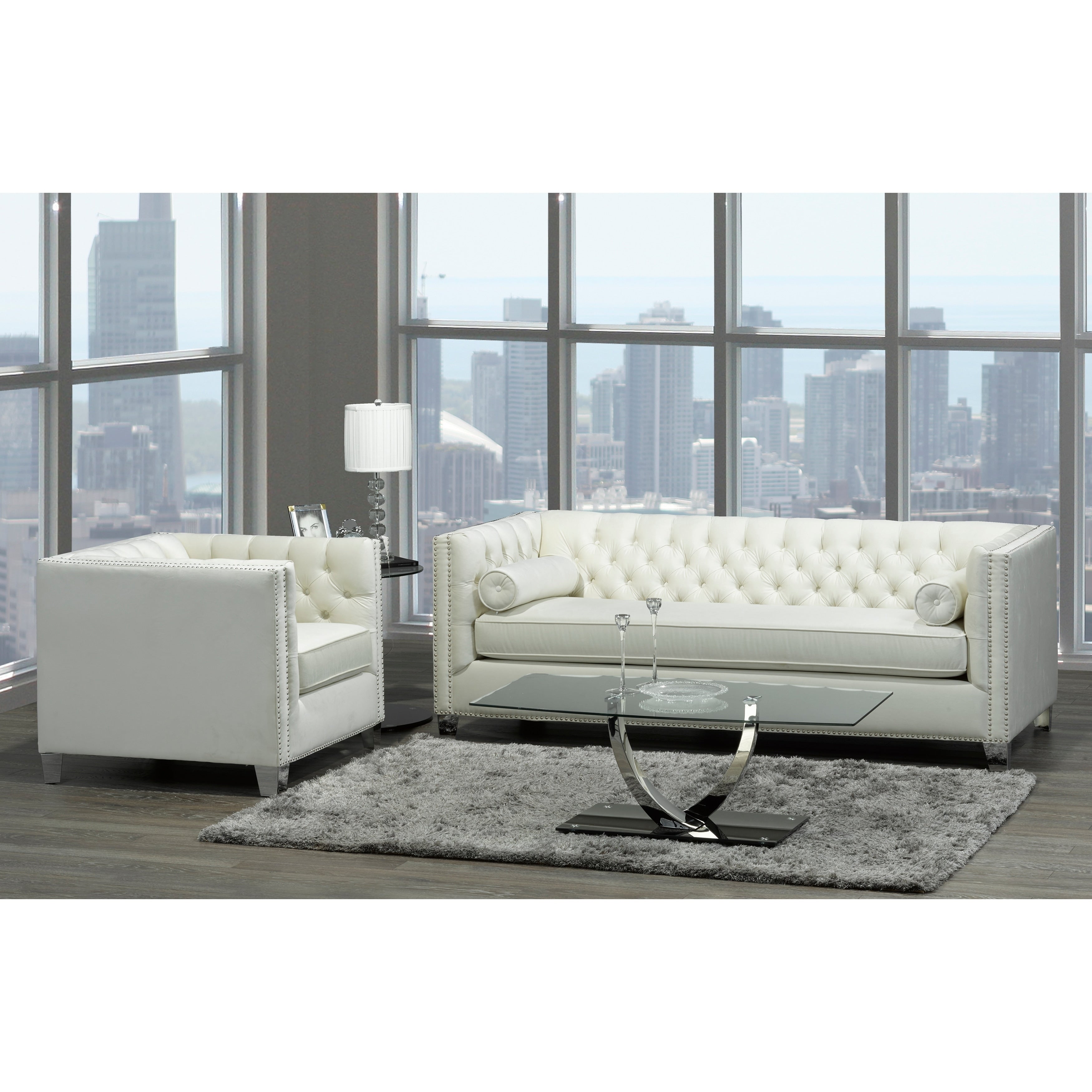 Oz Modern Ivory Velvet Tufted Nailhead Sofa And Chair