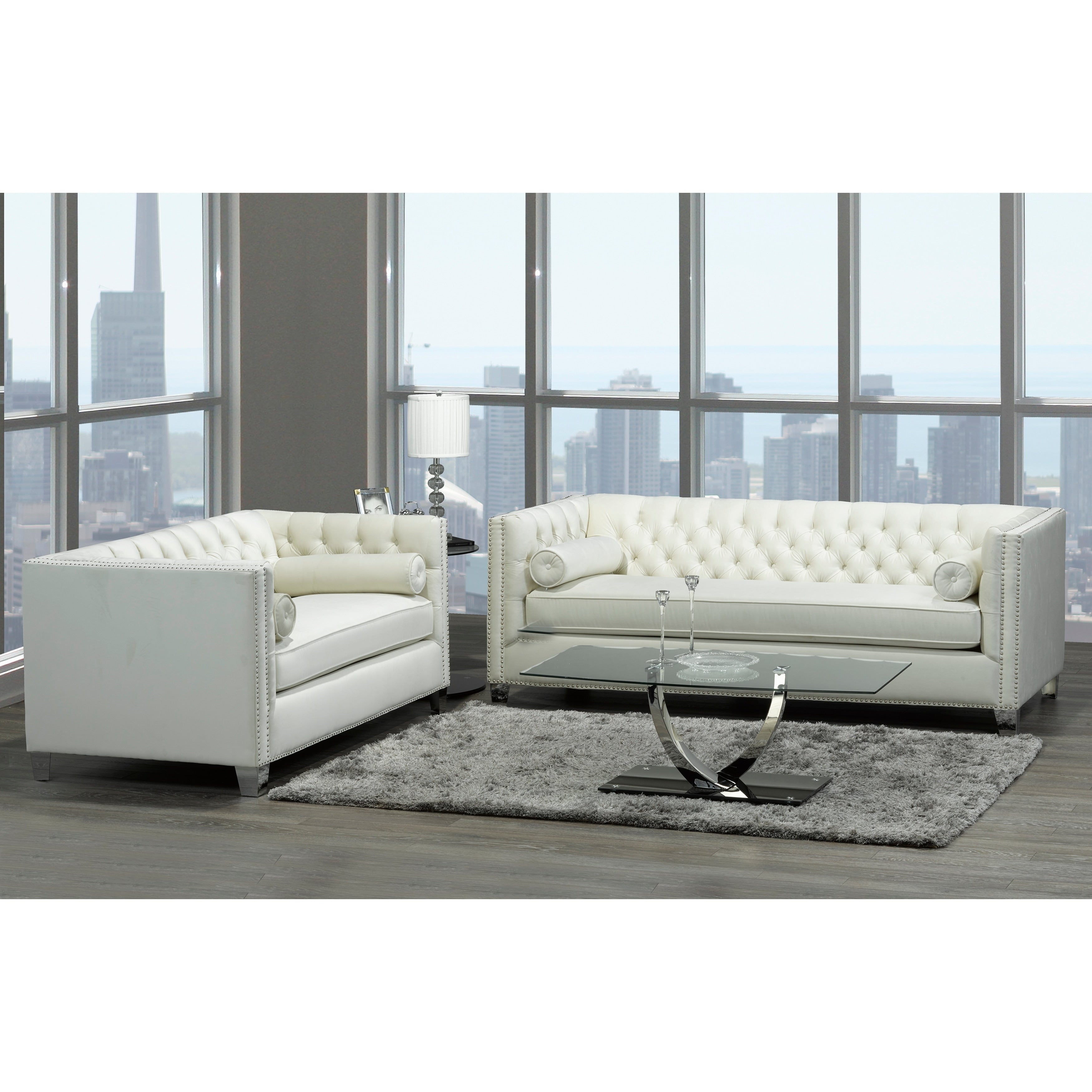 Oz Modern Ivory Velvet Tufted Nailhead Sofa And Loveseat