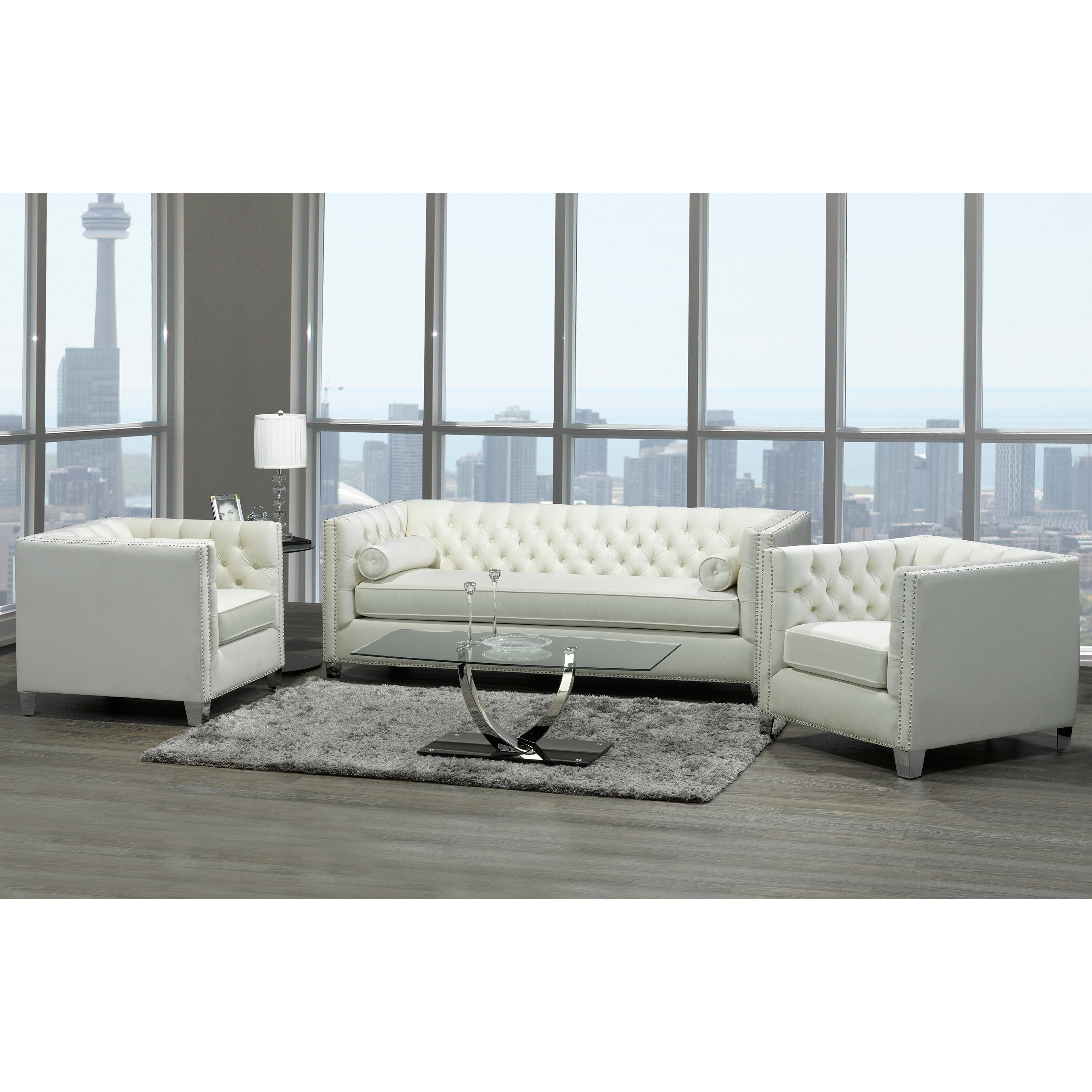 Oz Modern Ivory Velvet Tufted Nailhead Sofa And Two Chairs
