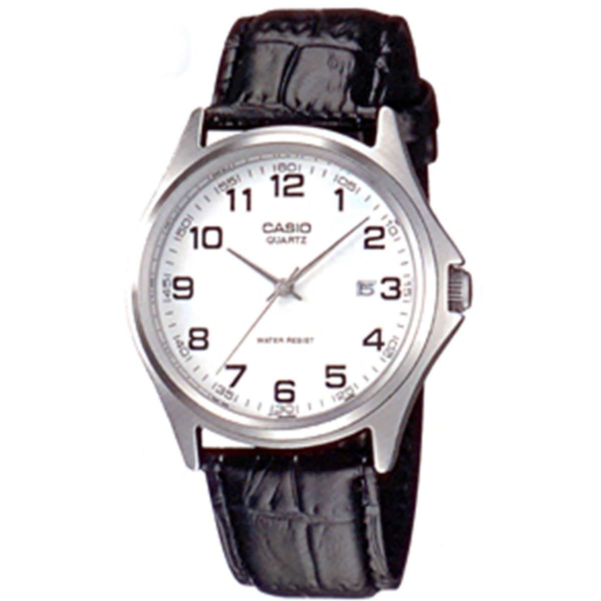 Casio Mens Core Black Leather Quartz Watch With White Dial