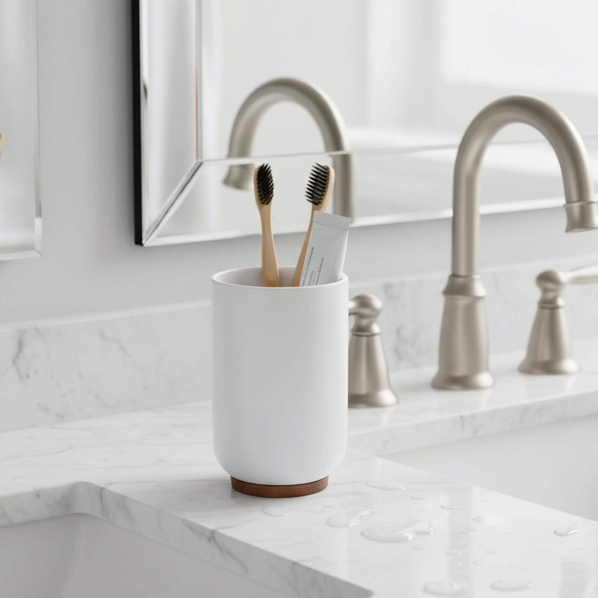 Evideco Vanity Bathroom Tumbler Padang White Bamboo Base