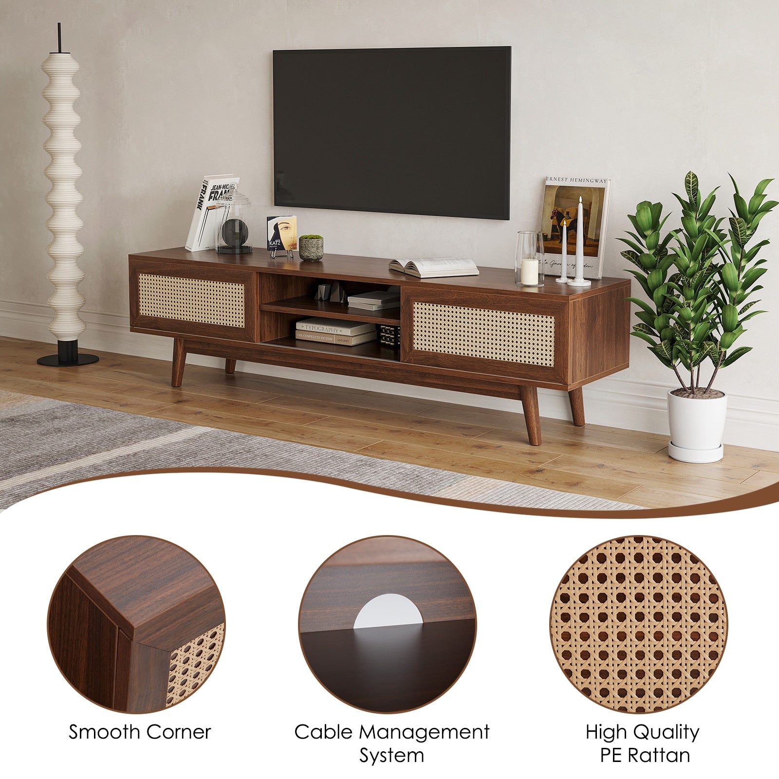 Pe Rattan Tv Stand With Open Storage Cabinet Mid Century Modern Entertainment Center With Cable Management Walnut