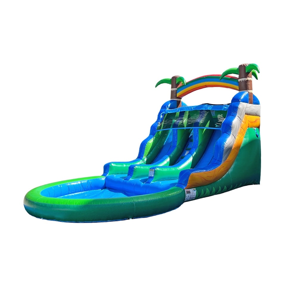 Pop Jump Tropical Island 23 Dual Lane Center Climb Waterslide With Attached Pool 13 High X 12 Wide X 23 Long