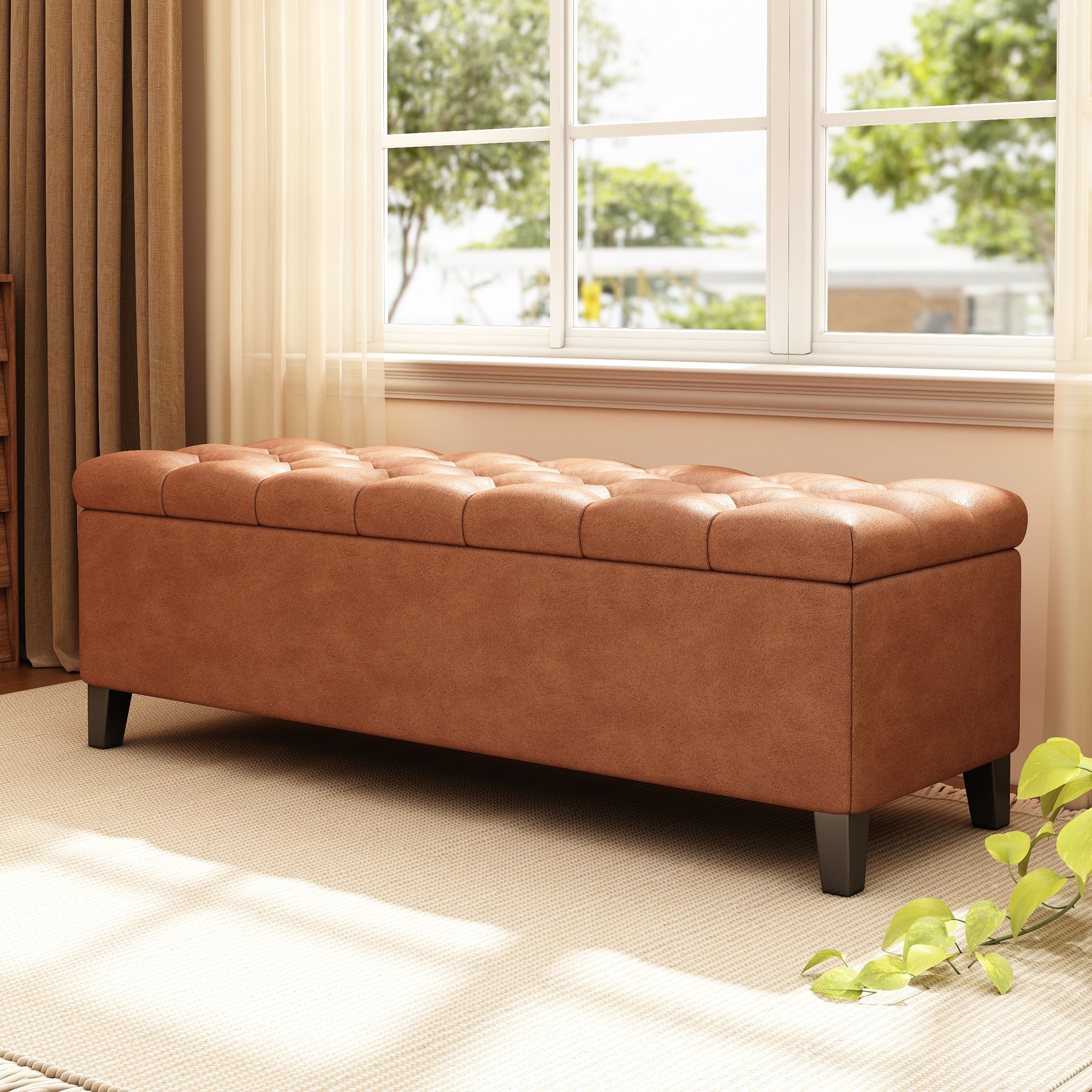 Pu Leather Button Tufted Storage Ottoman With Birch Wood Legs
