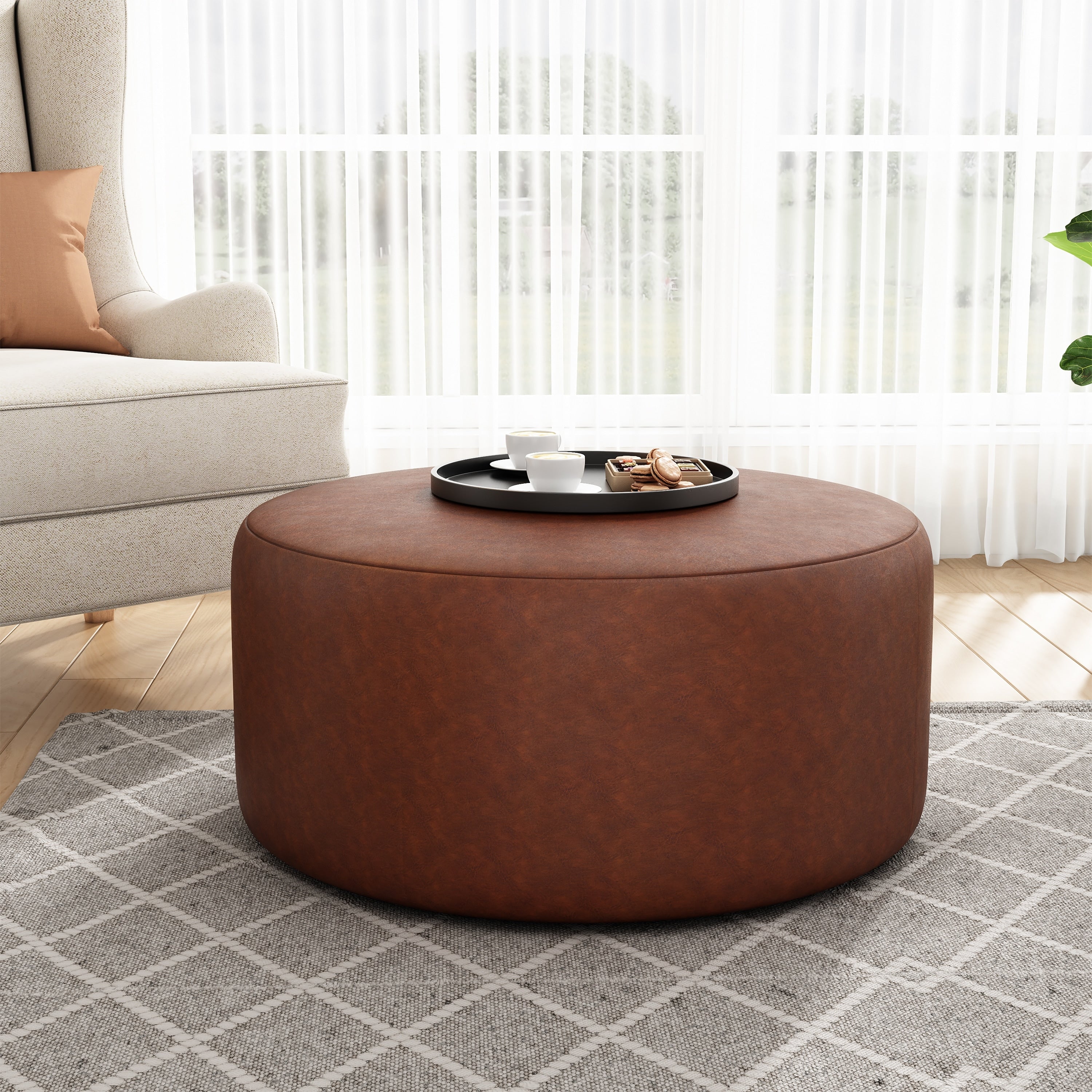 Pu Leather Round Ottoman Classic Brown Upholstered Accent Furniture