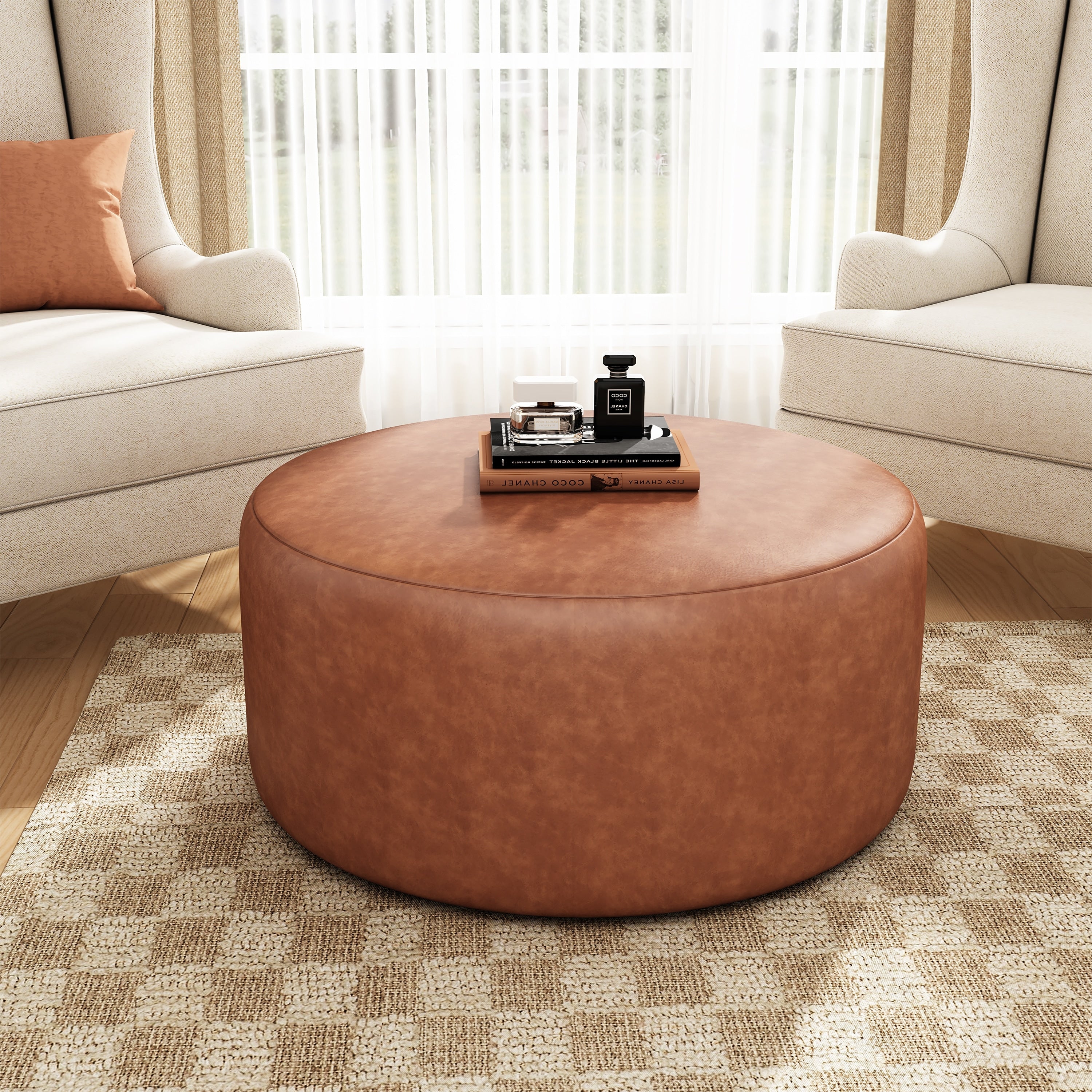 Pu Leather Round Ottoman Cognac Brown Upholstered Versatile Piece