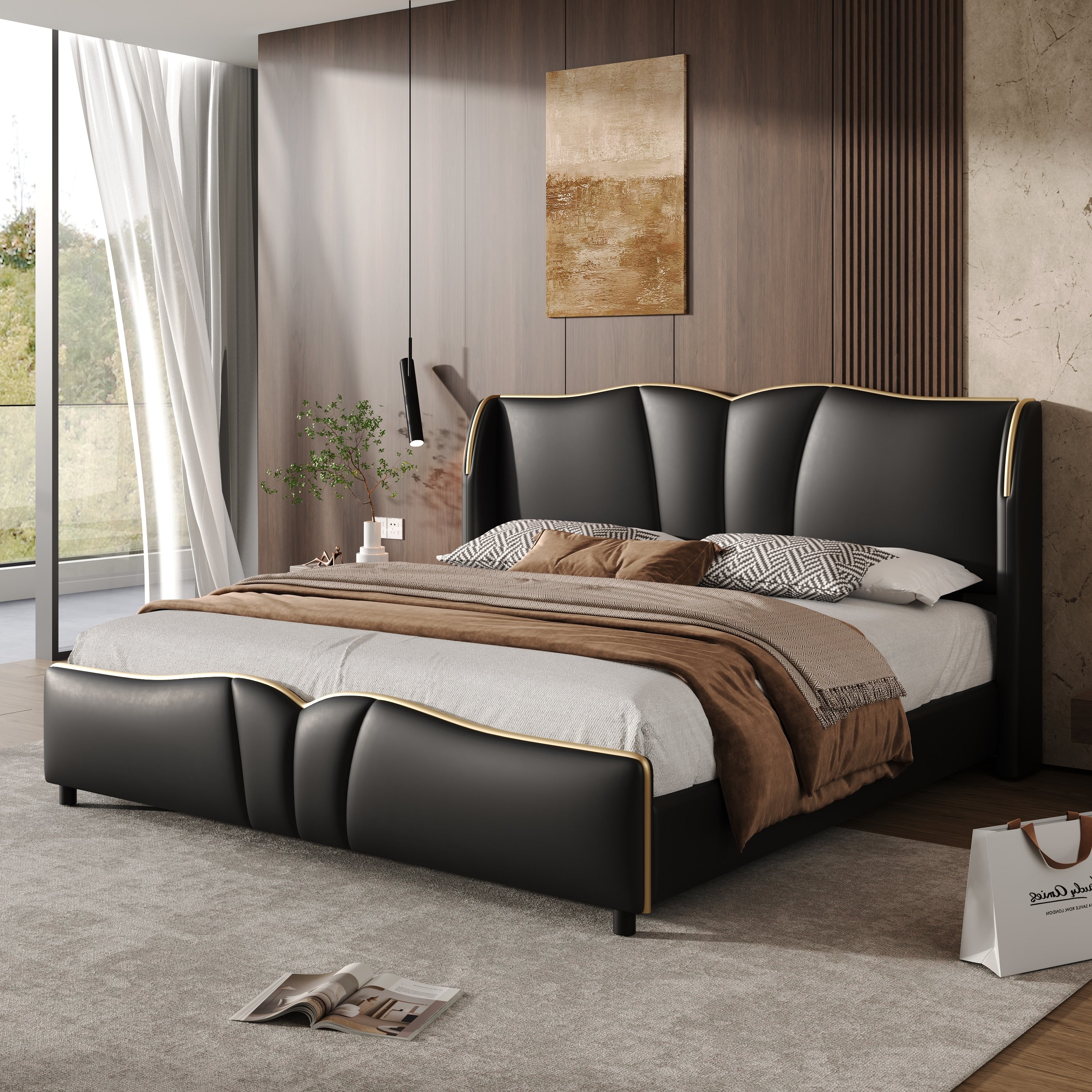 Pu Leather Upholstered Bedframe With Elegant Wingback Headboard