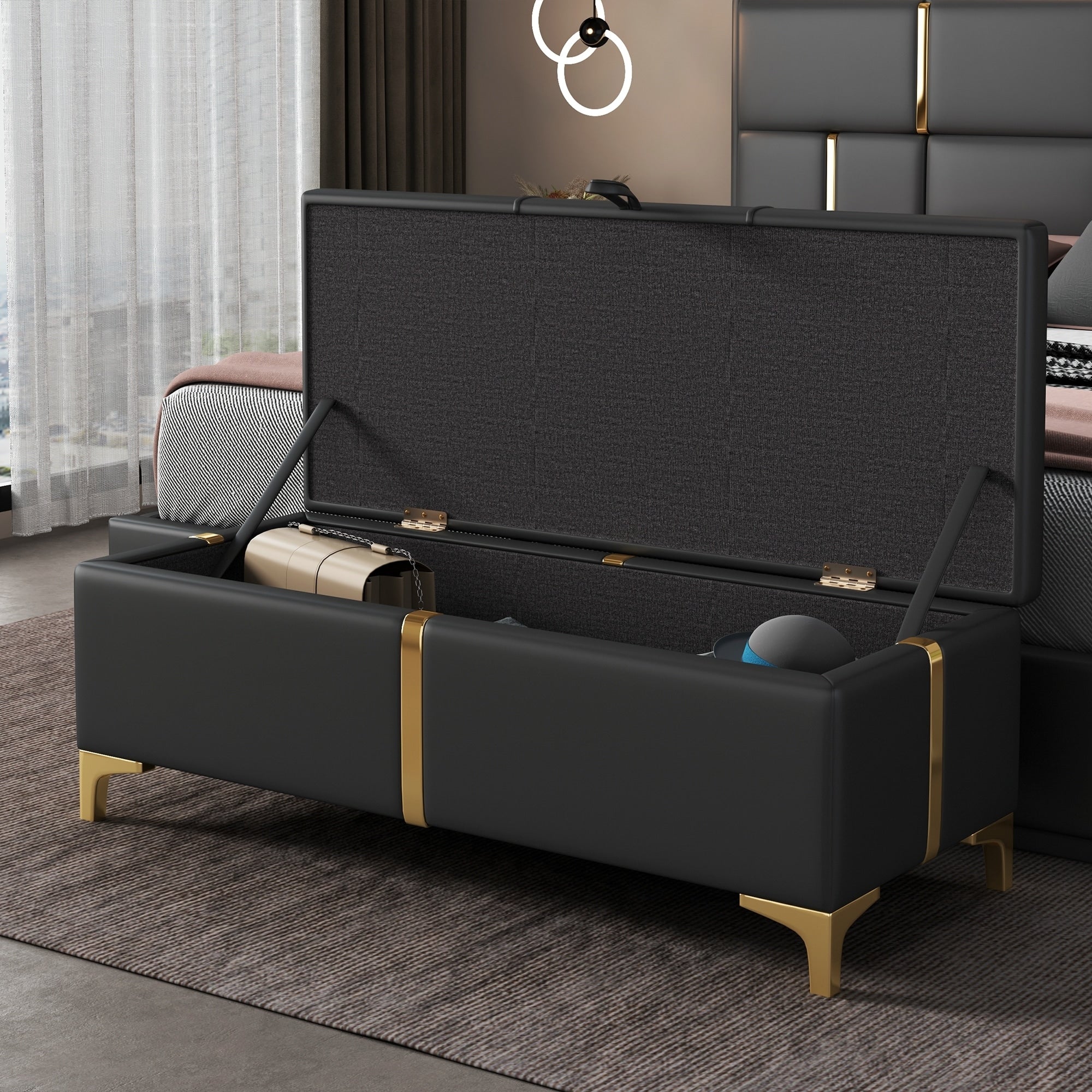 Pu Upholstered Storage Bench Multi Functional Storage Ottoman End Of Bed Bench With Hidden Storage Metal Legs