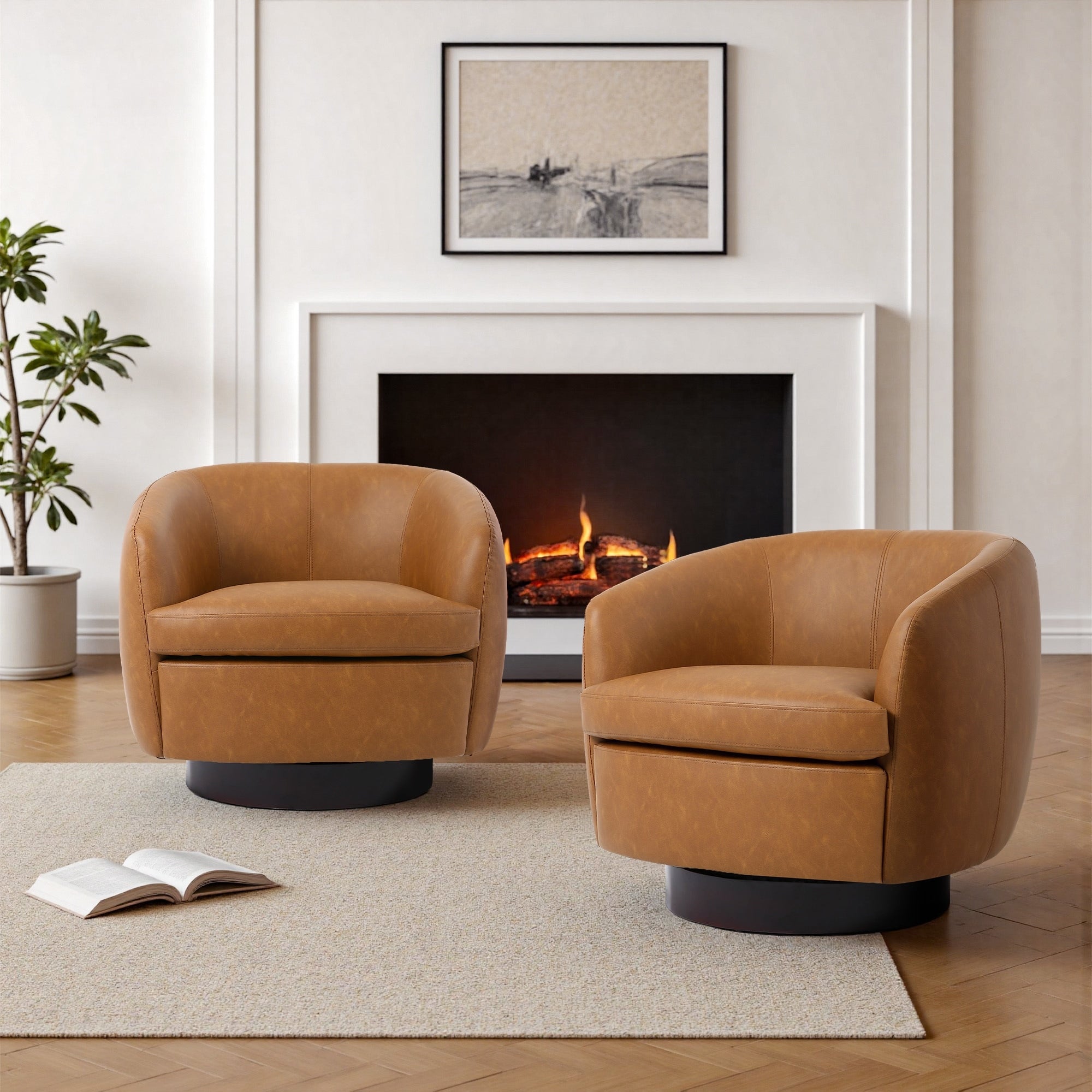 Pu Upholstered Swivel Barrel Accent Chair With Wood Base Set Of 2