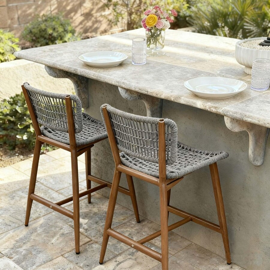Purple Leaf Bar Stools Set Of 2 Patio Wicker Bar Height Metal Chairs Boho High Barstools With Back
