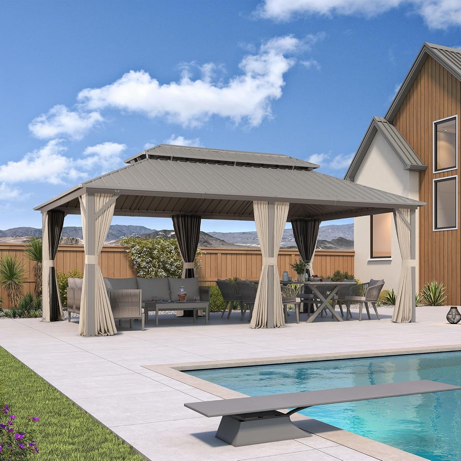 Purple Leaf Outdoor Hardtop Gazebo Pro Champagne Metal Frame Galvanized Steel Double Roof With Curtains And Netting For Poolside