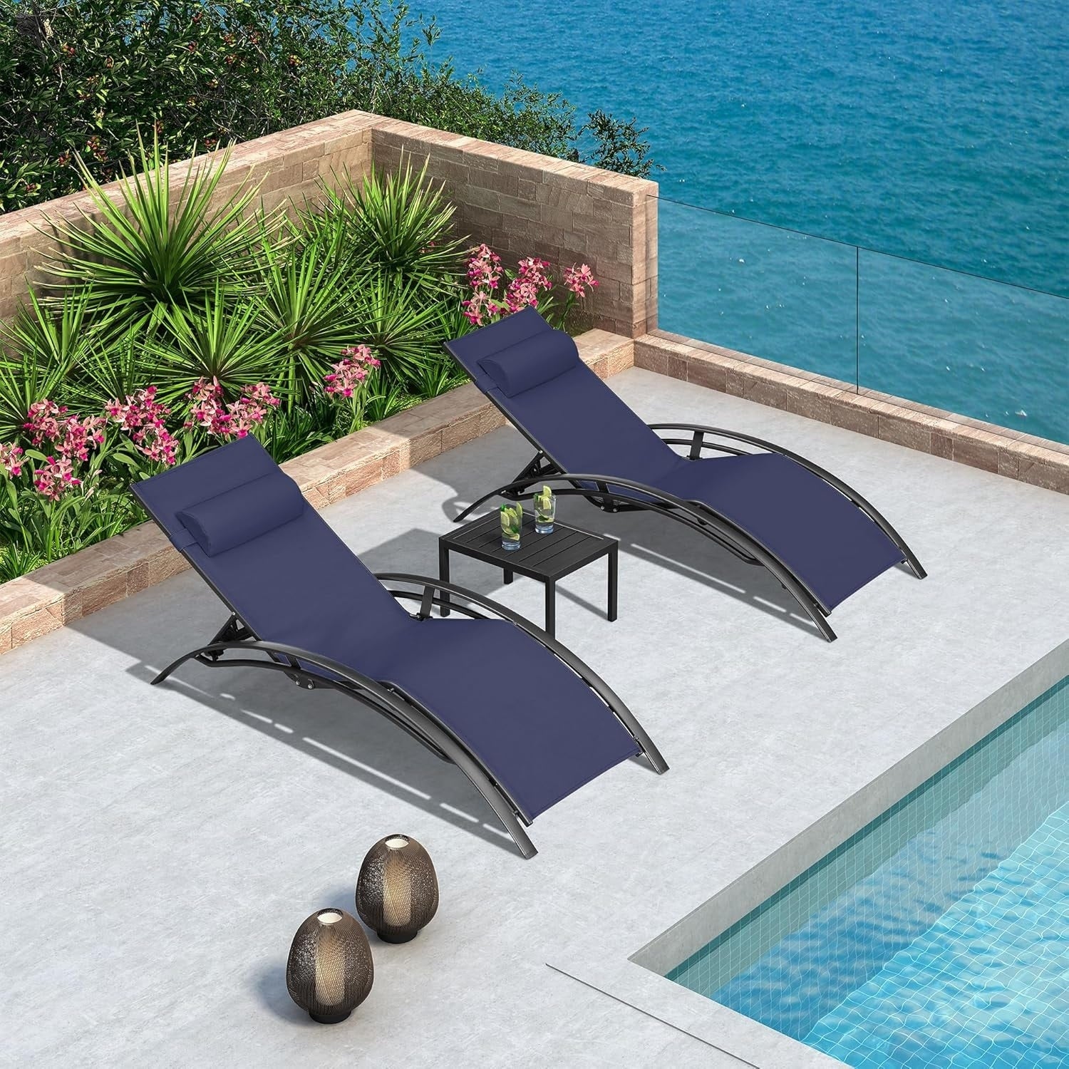Purple Leaf Patio Chaise Lounge Set Outdoor Beach Pool Sunbathing Lawn Lounger Recliner Chair Side Table Included