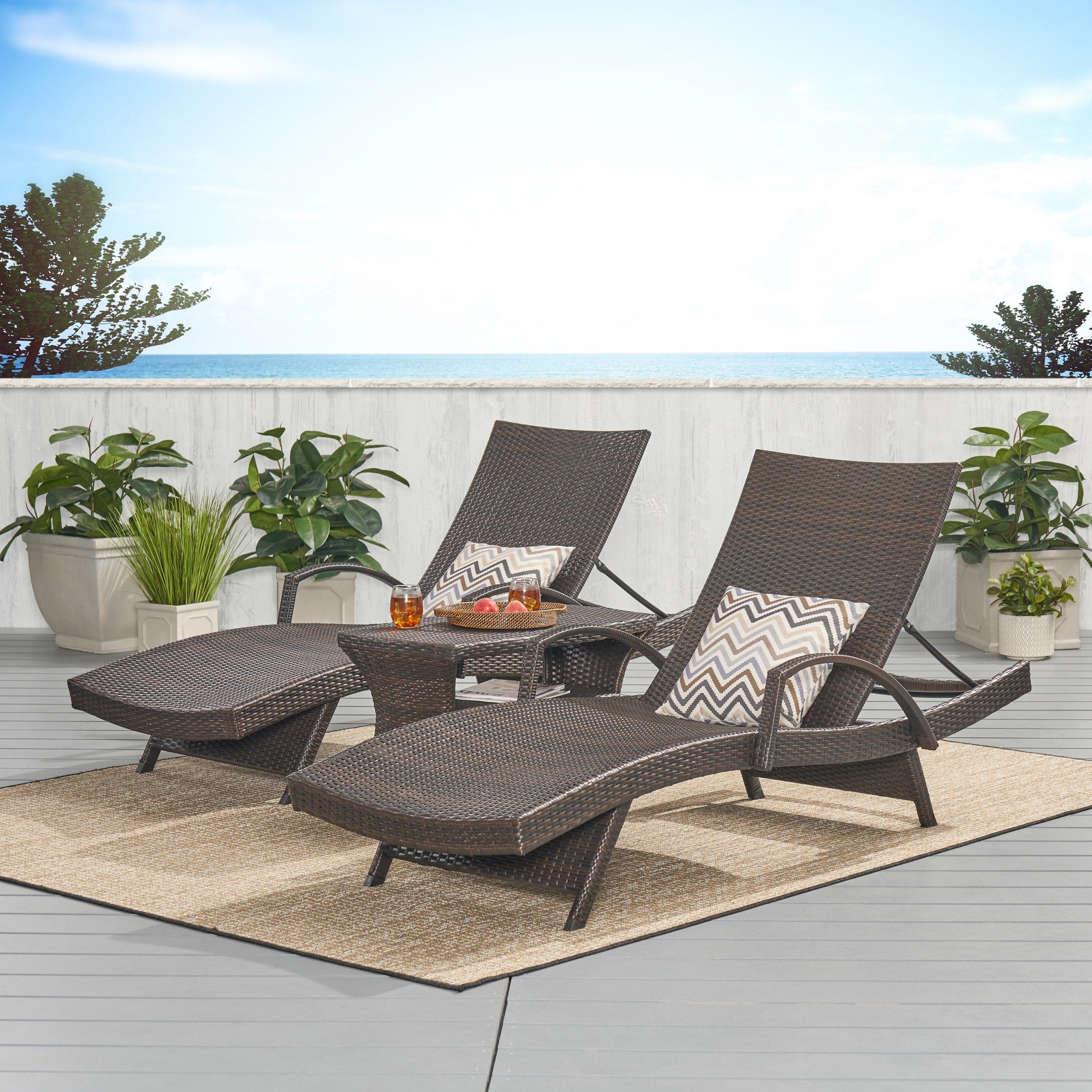 Pacific Outdoor 3 Piece Wicker Armed Chaise Lounge Set By Christopher Knight Home