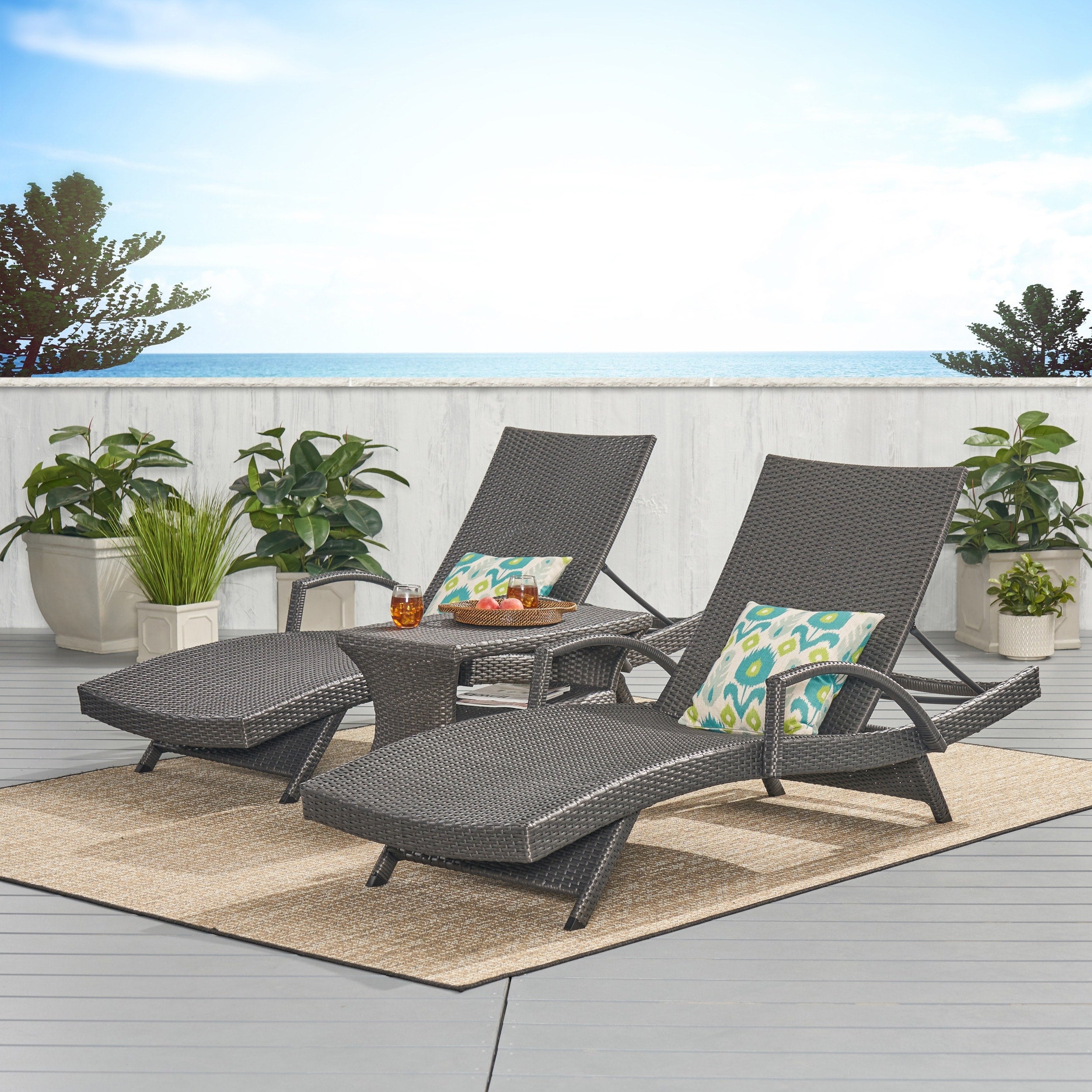 Pacific Outdoor 3 Piece Wicker Armed Chaise Lounge Set By Christopher Knight Home