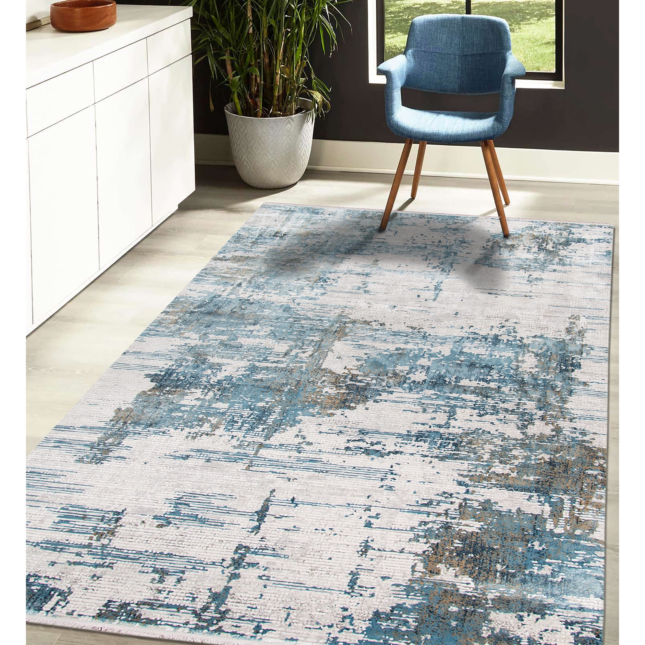 Padua Abstract Carved Blue Viscose Acrylic Area Rug 83 X 116