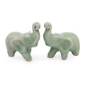 Pair Of 2 Celadon Ceramic Figurines Lucky Green Elephants Thailand
