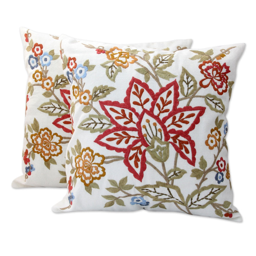 Handmade Pair Of 2 Embroidered Cotton Cushion Covers Jaipur Meadow India
