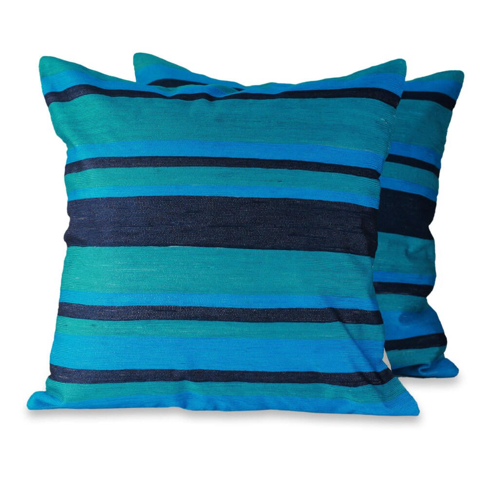 Handmade Embroidered Pair Of 2 Cushion Covers Blue Streams India