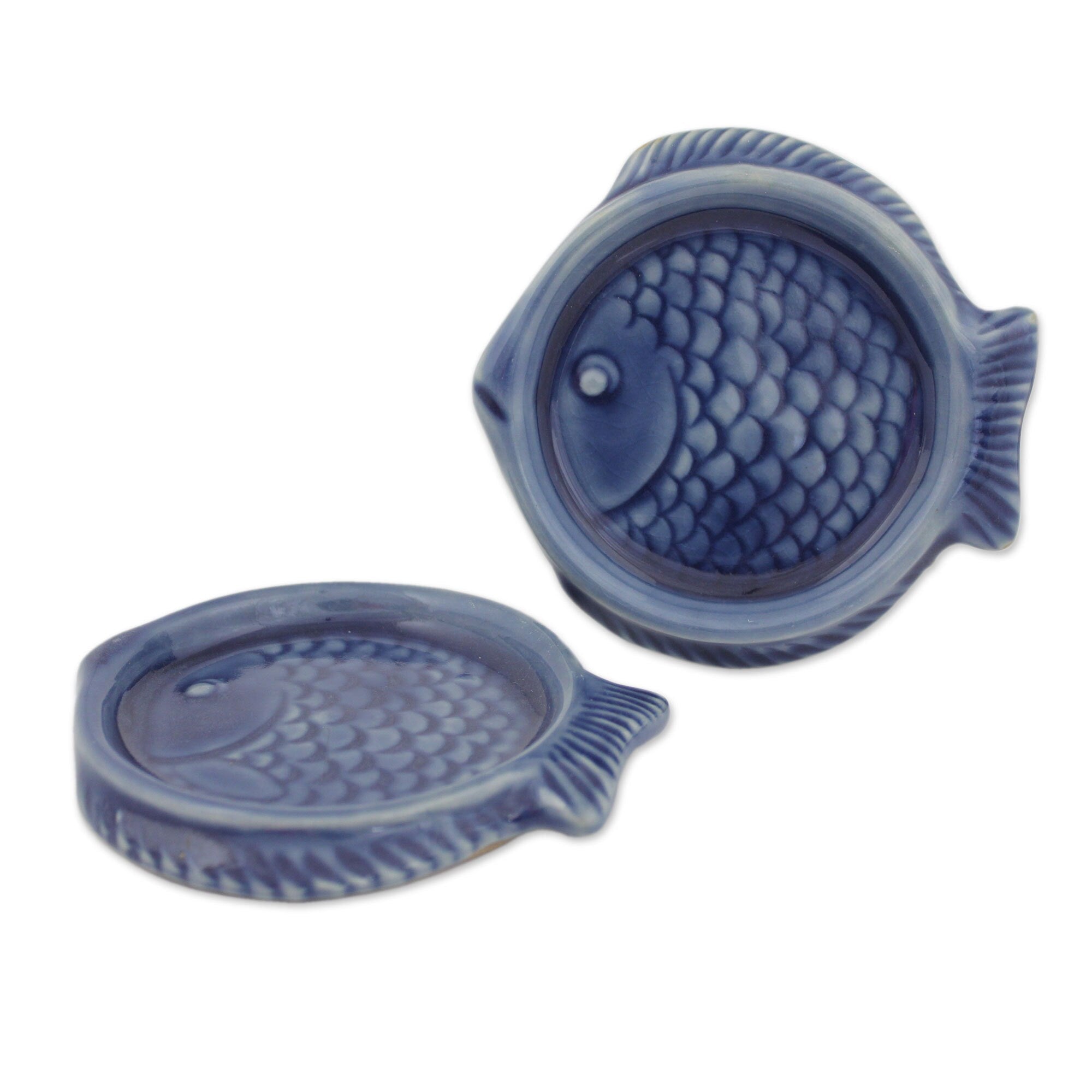 Handmade Pair Of Celadon Ceramic Coasters Ocean Blue Fish Thailand