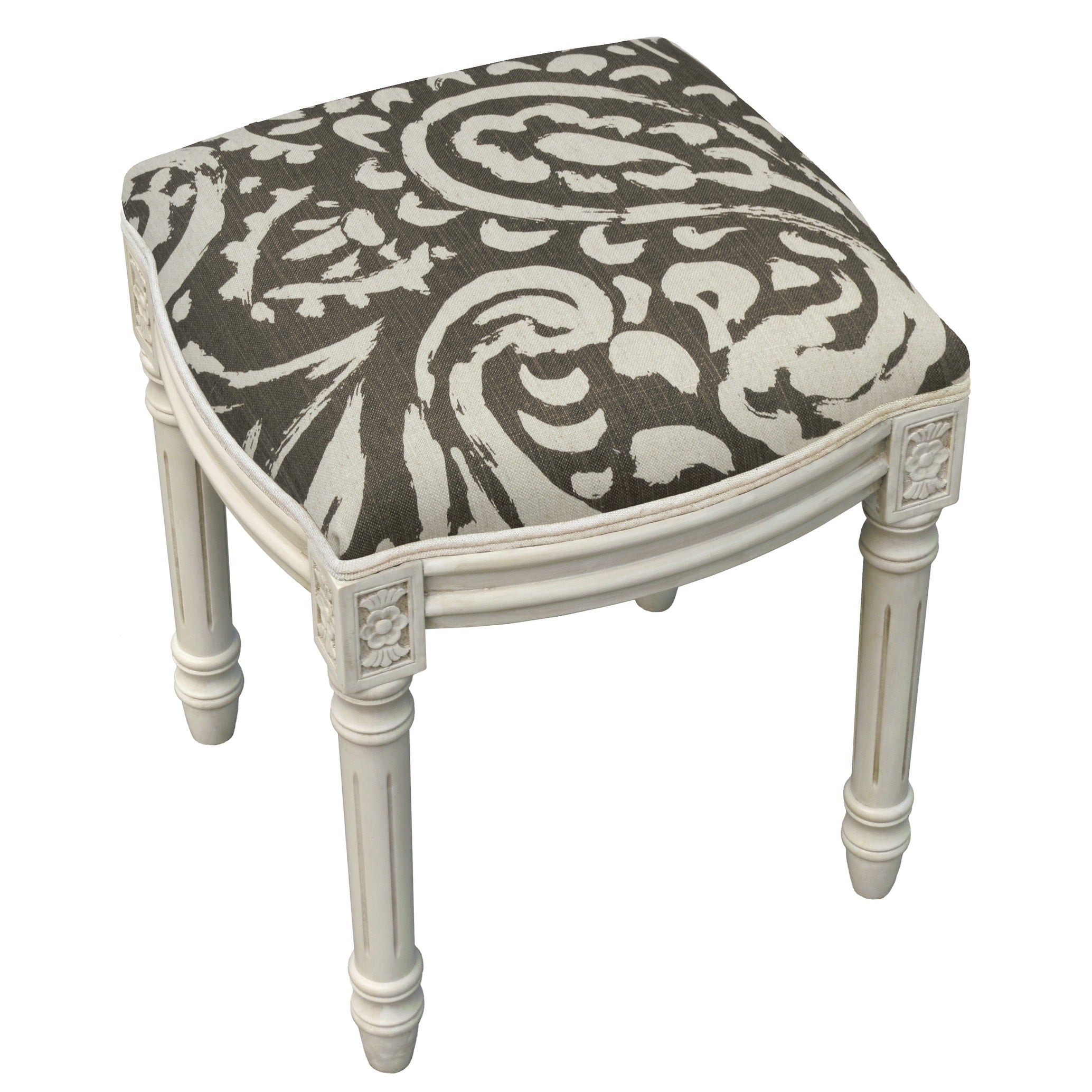 Paisley Antique White Finish Nailheads Vanity Stool