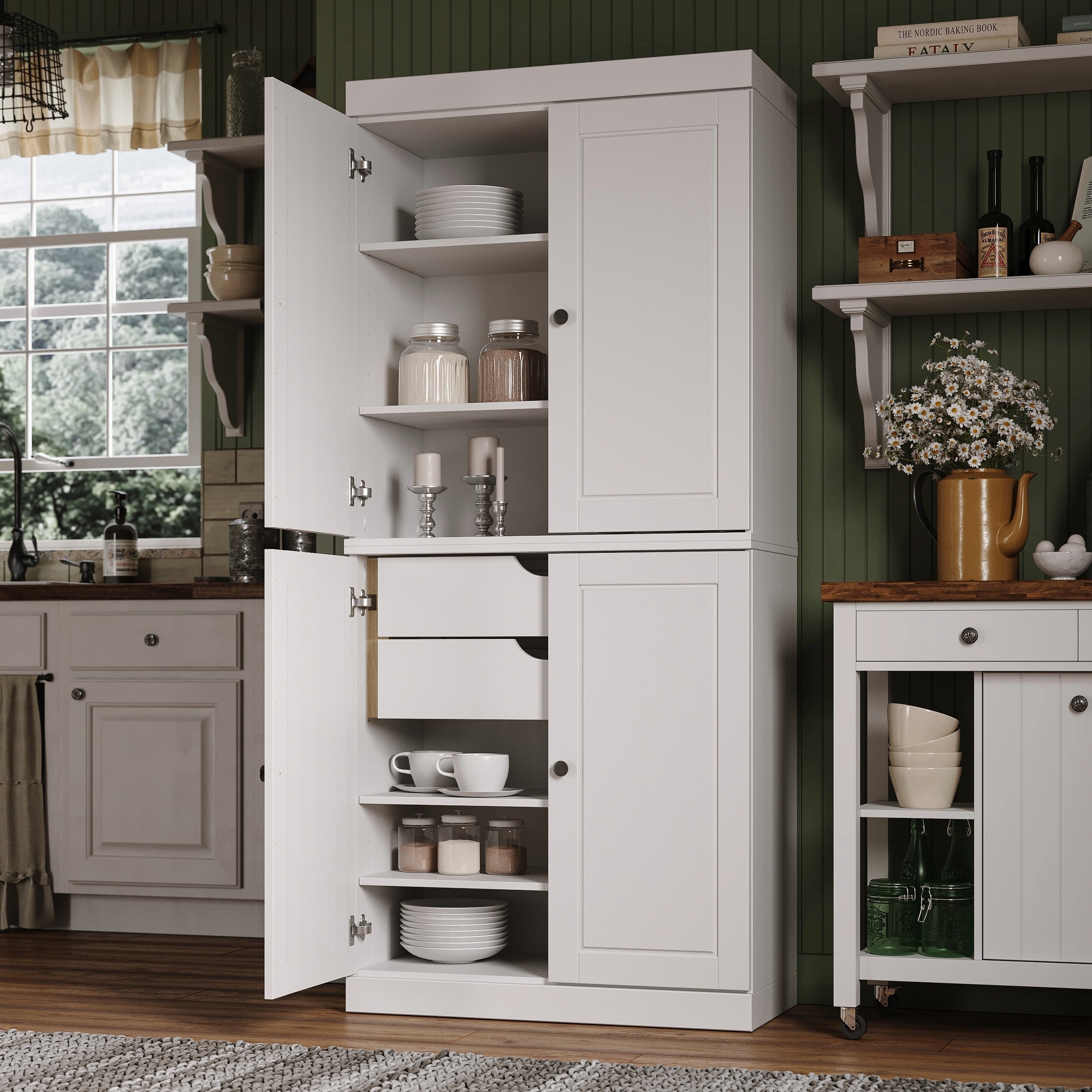 Palace Imports 100 Solid Wood Pantry Cabinet Raised Panel Doors 2 Drawers Adjustable Shelves 32 Wide 71.5 Tall