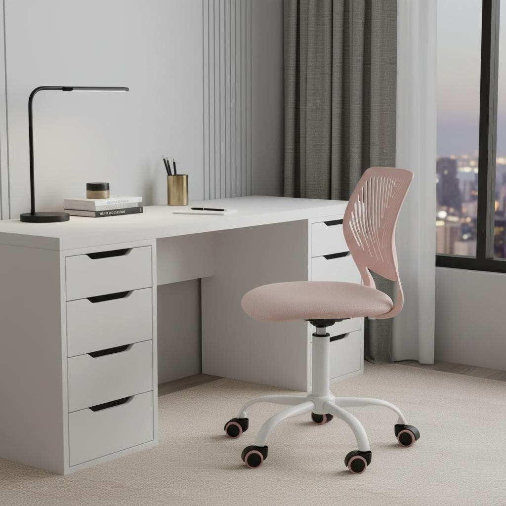 Pale Pink And White Adjustable Height Swivel Rolling Office Chair