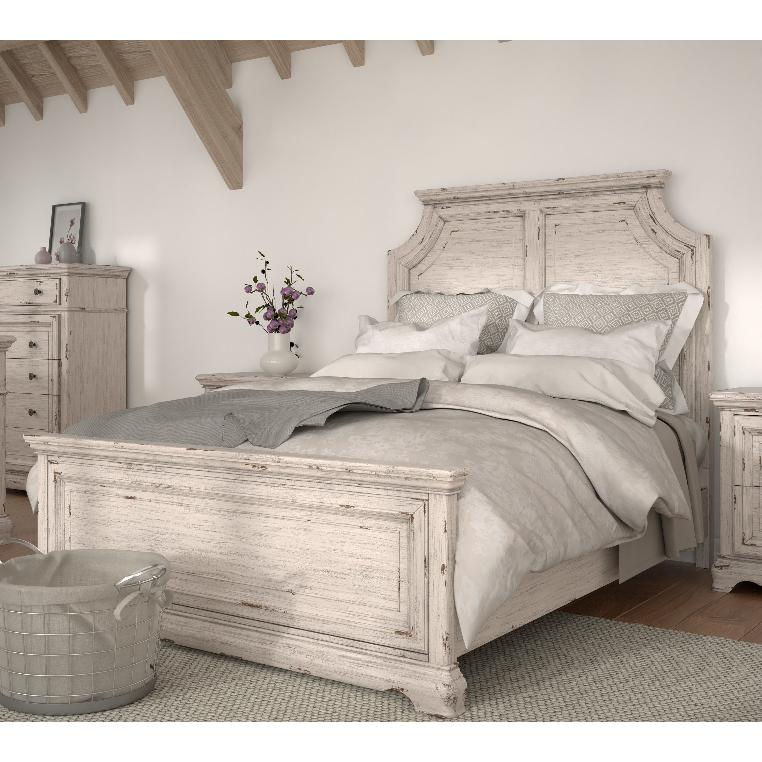 Palisade Distressed Antique White Panel Bed By Greyson Living