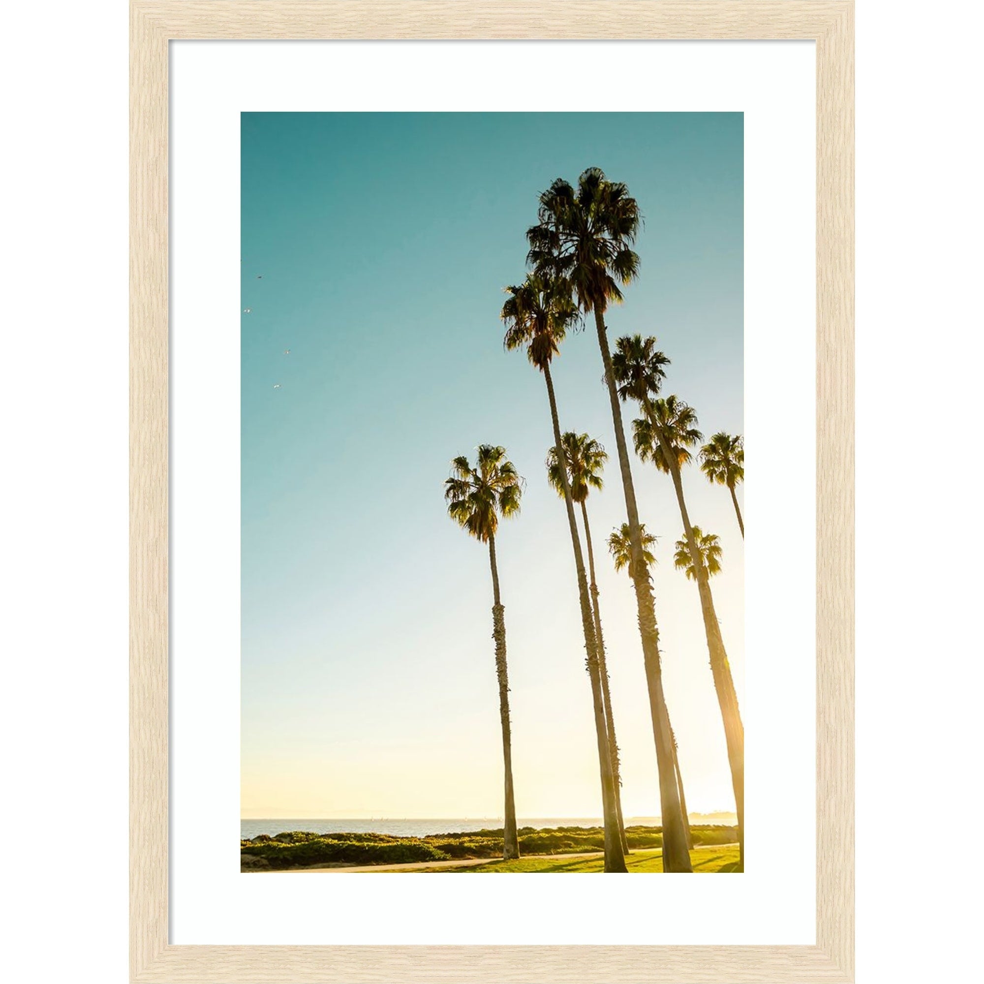 Palms And Ocean By Elena Chukhlebova Wood Framed Wall Art Print Woodgrain Stripe Blonde