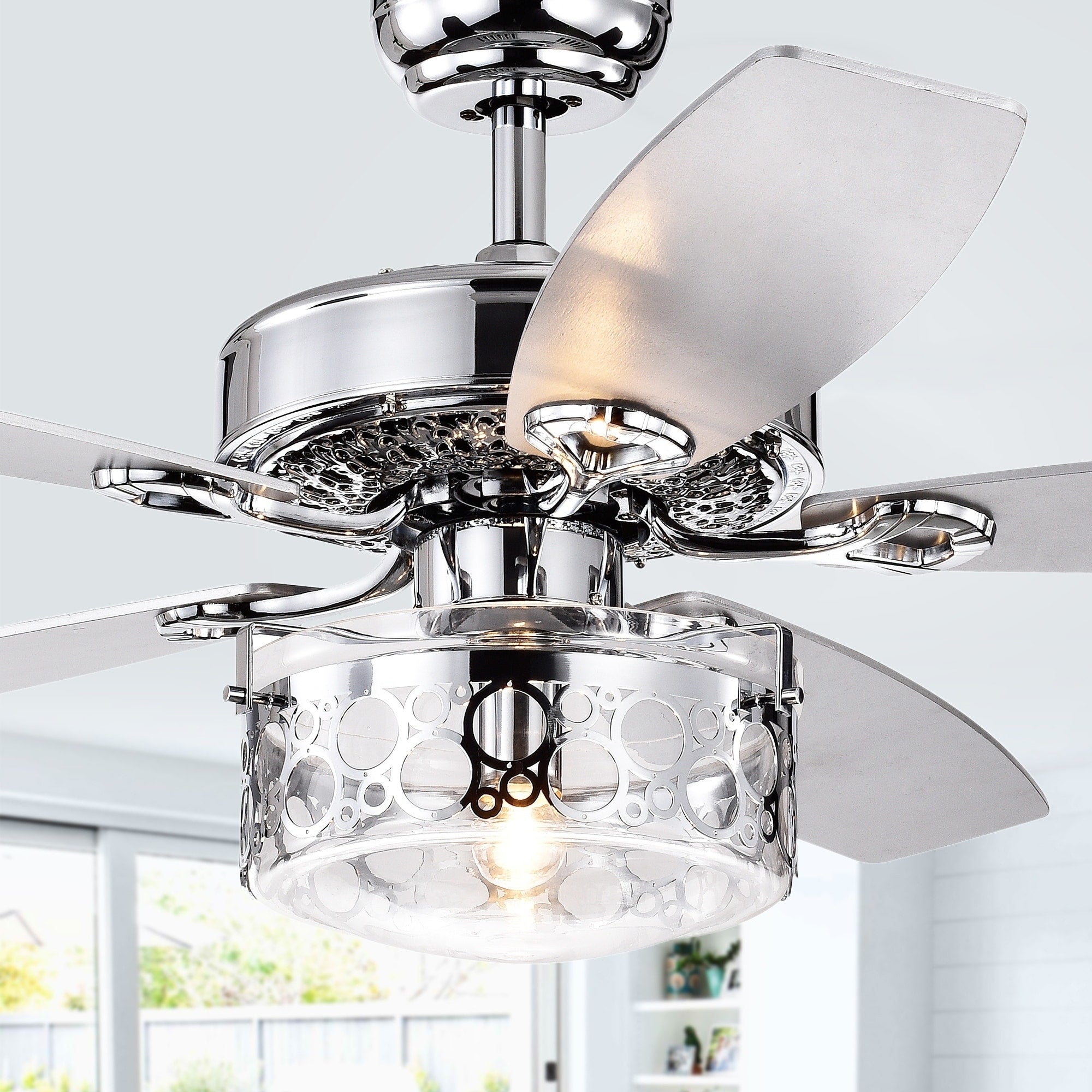 Pamerine 52 Inch Chrome Lighted Ceiling Fan With Clear Glass Shade Includes Remore And Light Kit 52 X H 18.9 Inches