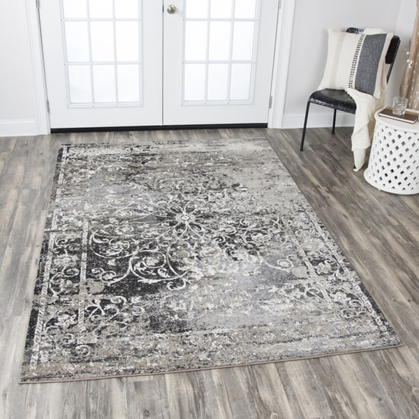 Panache Central Medallion Scrollwork Taupe Distressed Area Rug 710 X 1010 710 X 1010