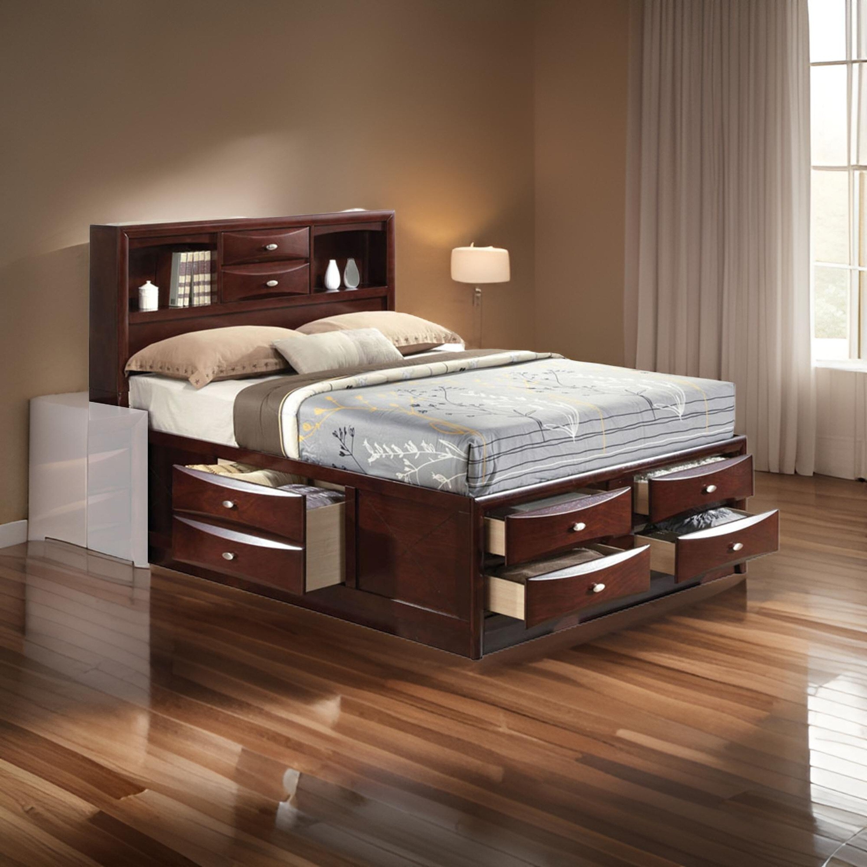 Panel Design Eastern King Size Bed With Bookcase And Drawers Brown