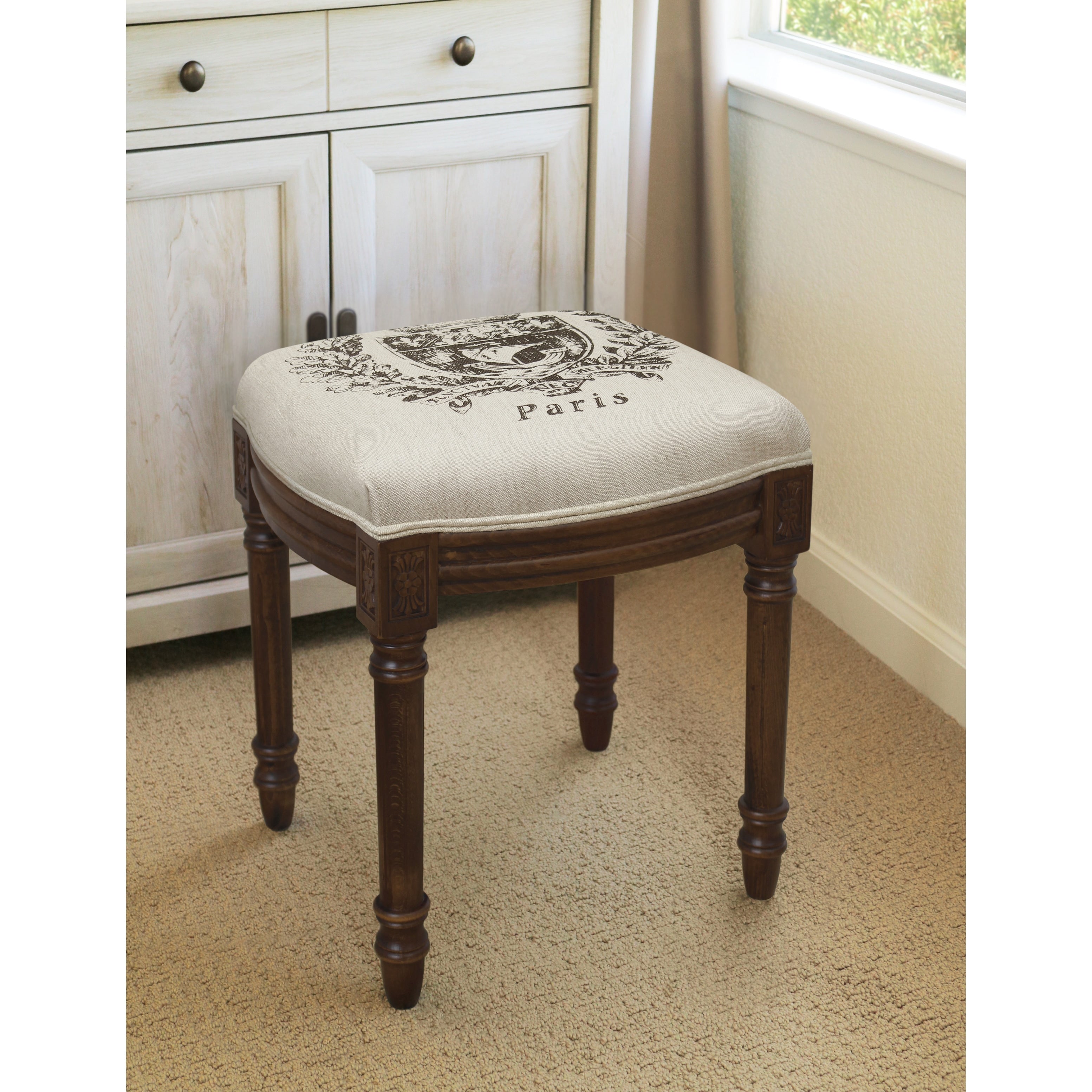 Paris Crest Chestnut Brown Wood Linen Vanity Stool