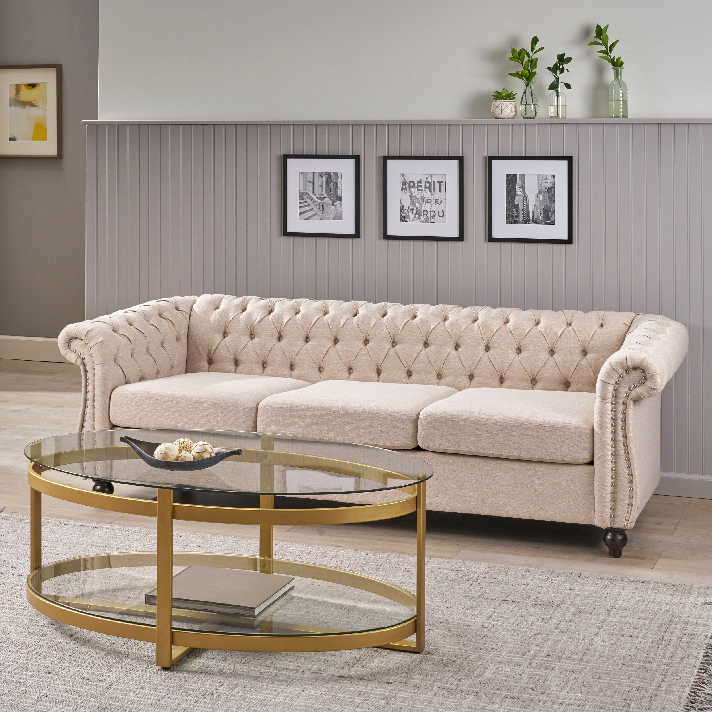 Parksley Tufted Chesterfield Fabric 3 Seater Sofa By Christopher Knight Home