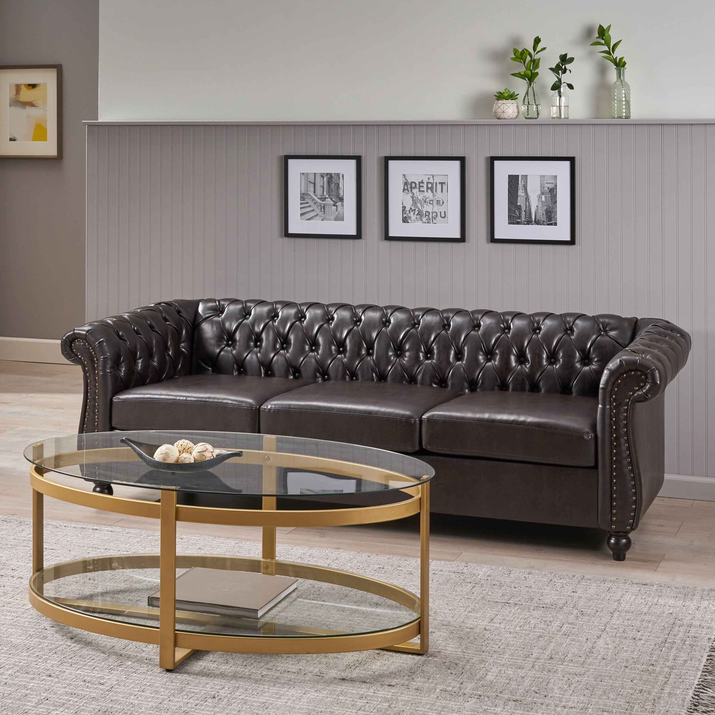 Parksley Tufted Chesterfield Faux Leather 3 Seater Sofa By Christopher Knight Home