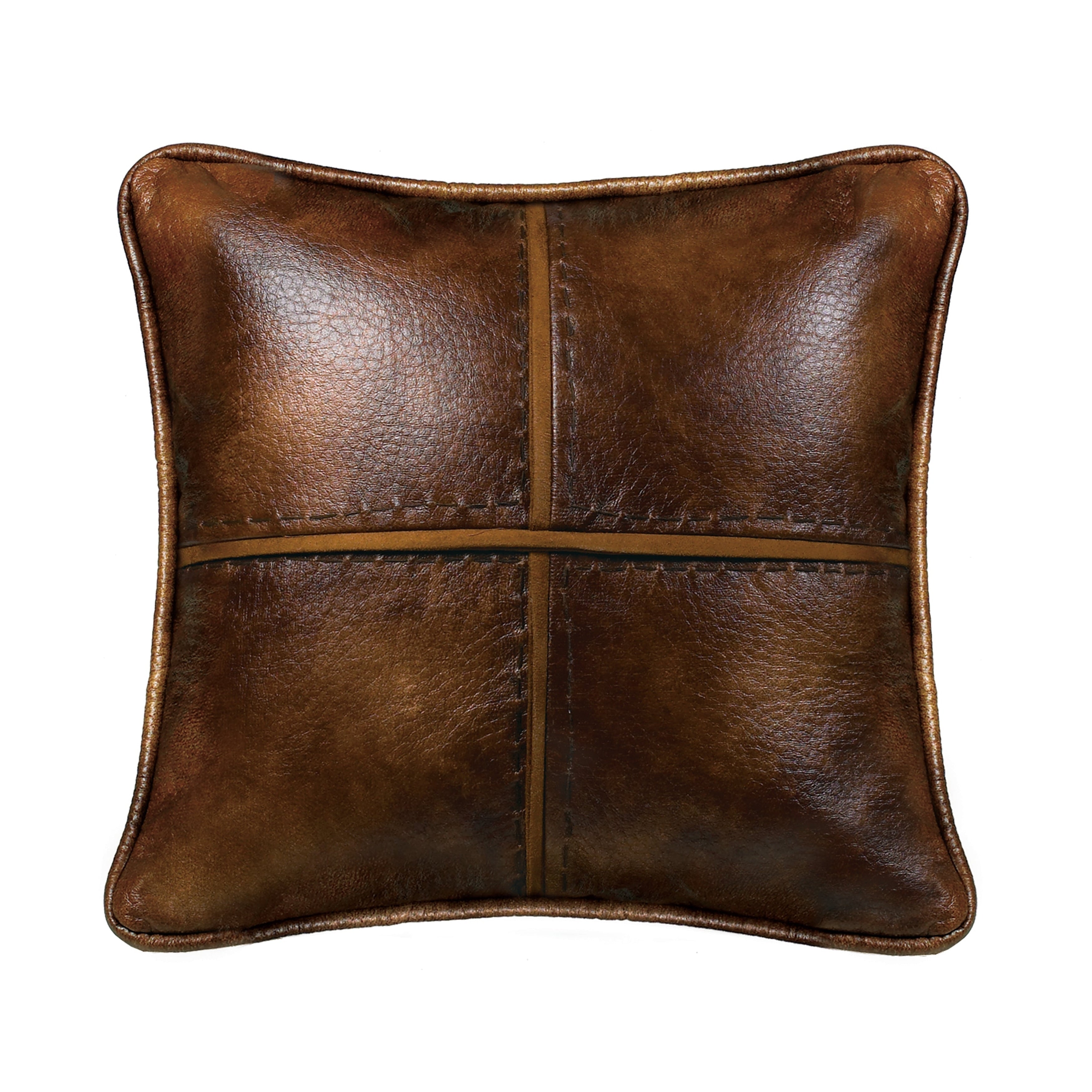 Hiend Accents Cross Stitched Brown Faux Leather 18 Inch Square Throw Pillow