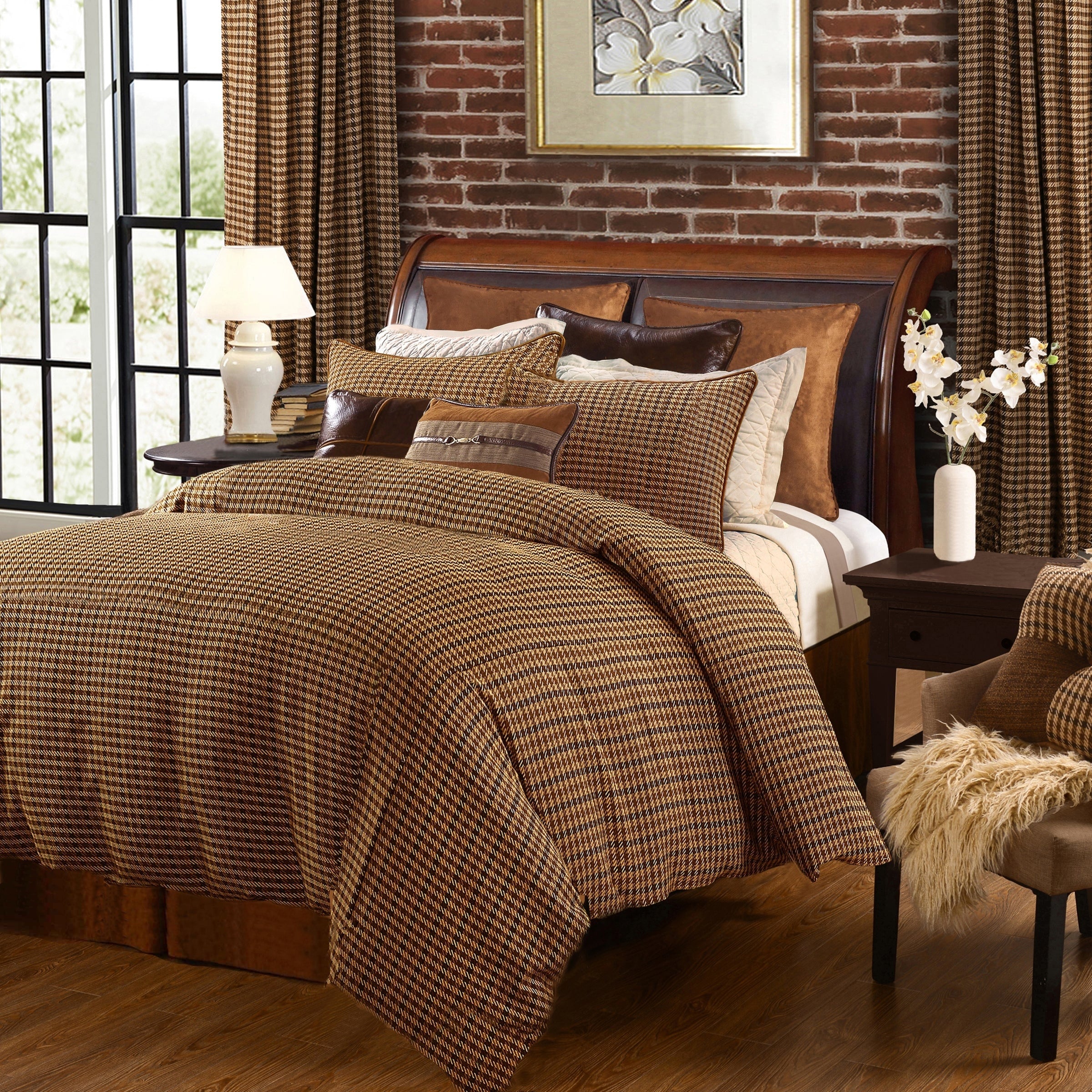 Hiend Accents Clifton Comforter Set Super King Brown Green Cream 3Pc