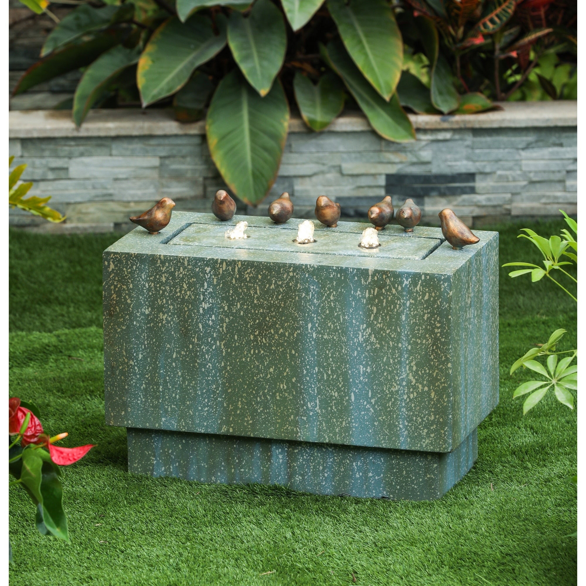 Stone And Patina Rectangular 18In. H Fountain With Led Lights And Bronze Birds