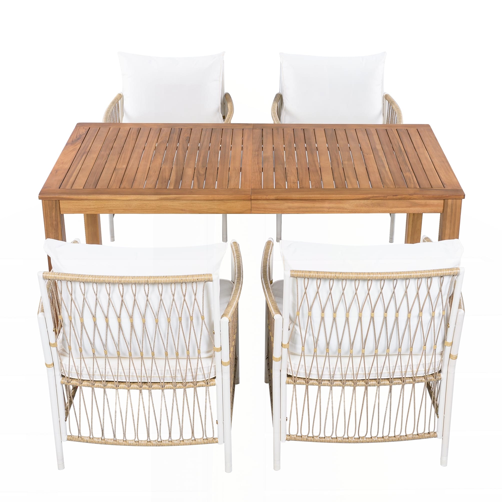 Patio 5Pcs Wooden Dining Table Set Outdoor 67L Rectangular Table With 4 Rattan Arm Chairs