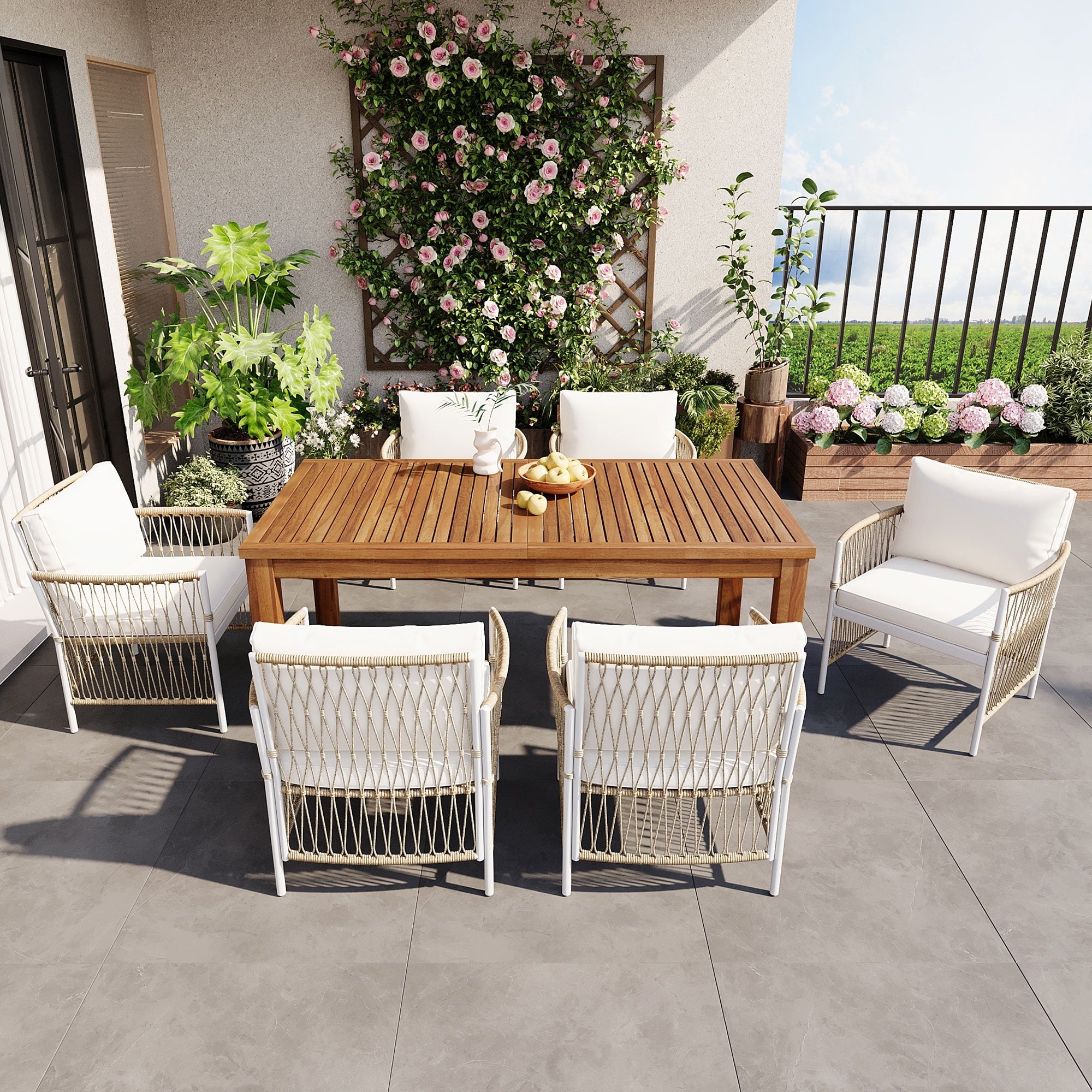 Patio 7Pcs Wooden Dining Table Set Outdoor 67 L Rectangular Table With 6 Rattan Arm Chairs For Poolside Backyard Garden