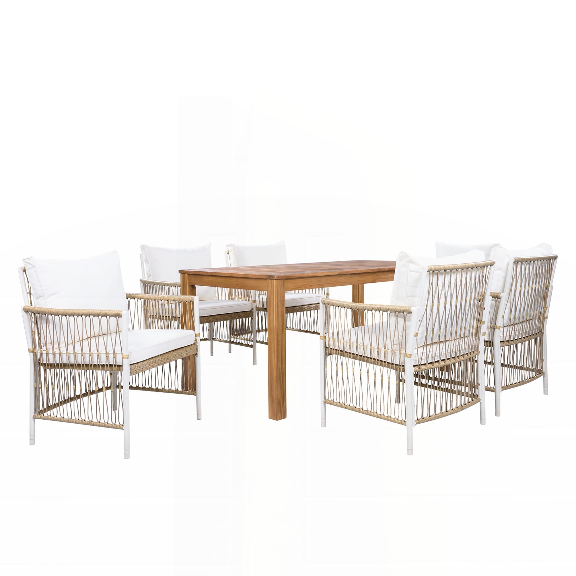 Patio 7Pcs Wooden Dining Table Set Outdoor 67L Rectangular Table With 6 Rattan Arm Chairs