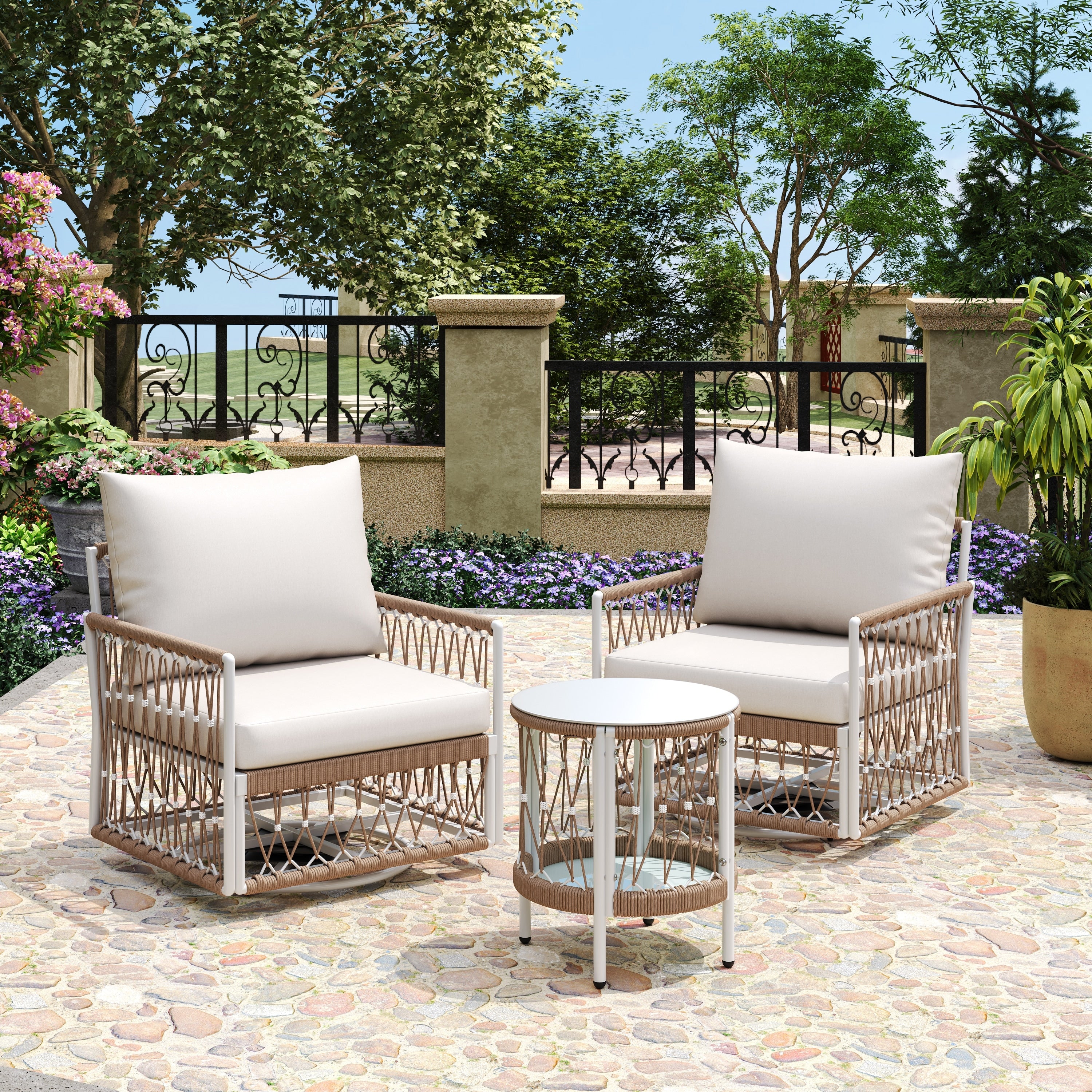 Patio Bistro Set With 2 Swivel Chairs Side Table Outdoor Conversation Set With Upholstered Cushions