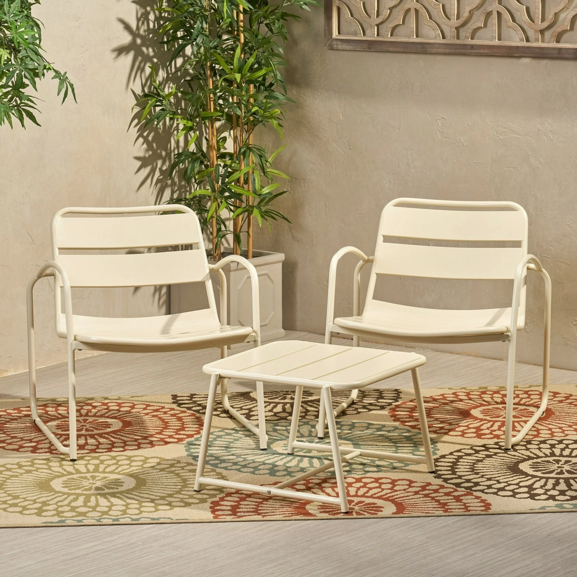 Patio Chat Set With 2 Side Chairs Coffee Table Outdoor Conversation Set Matte White Bistro Set For Garden Backyard