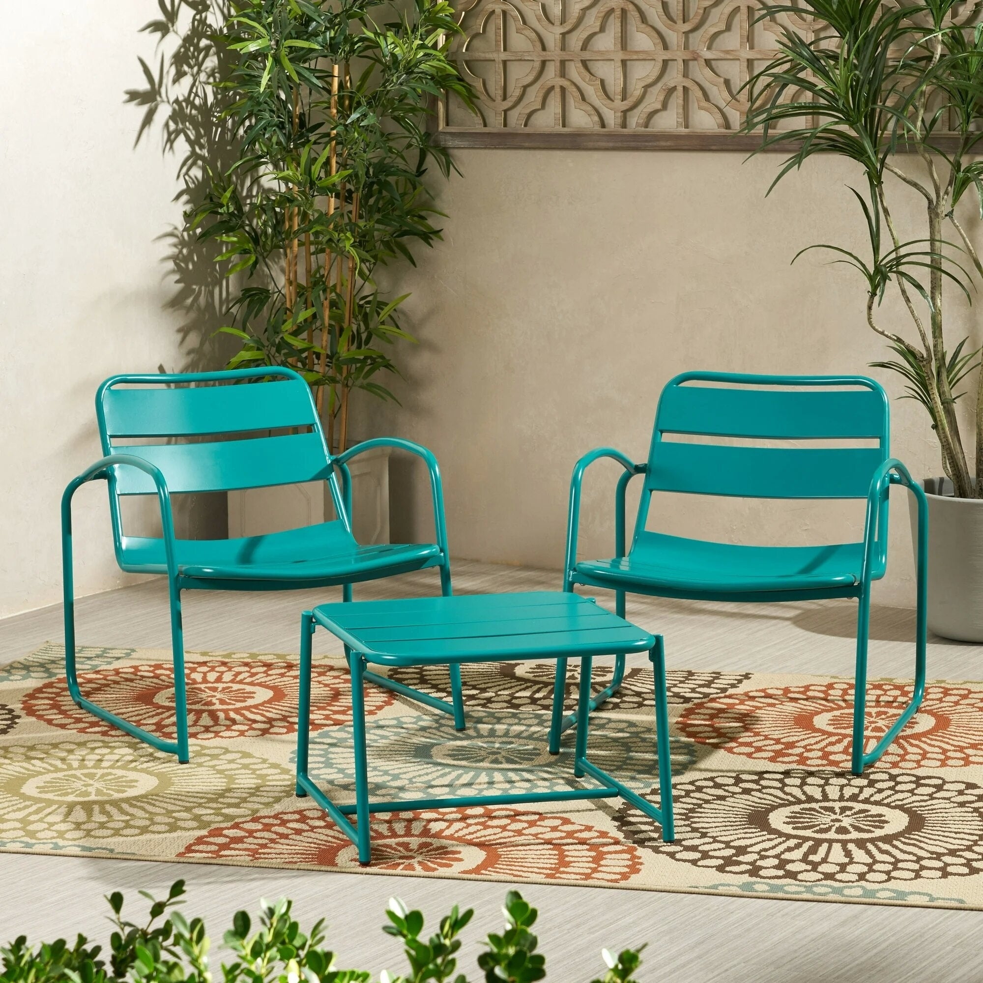 Patio Chat Set With 2 Side Chairs Coffee Table Teal Outdoor Conversation Set Bistro Set For Garden Backyard