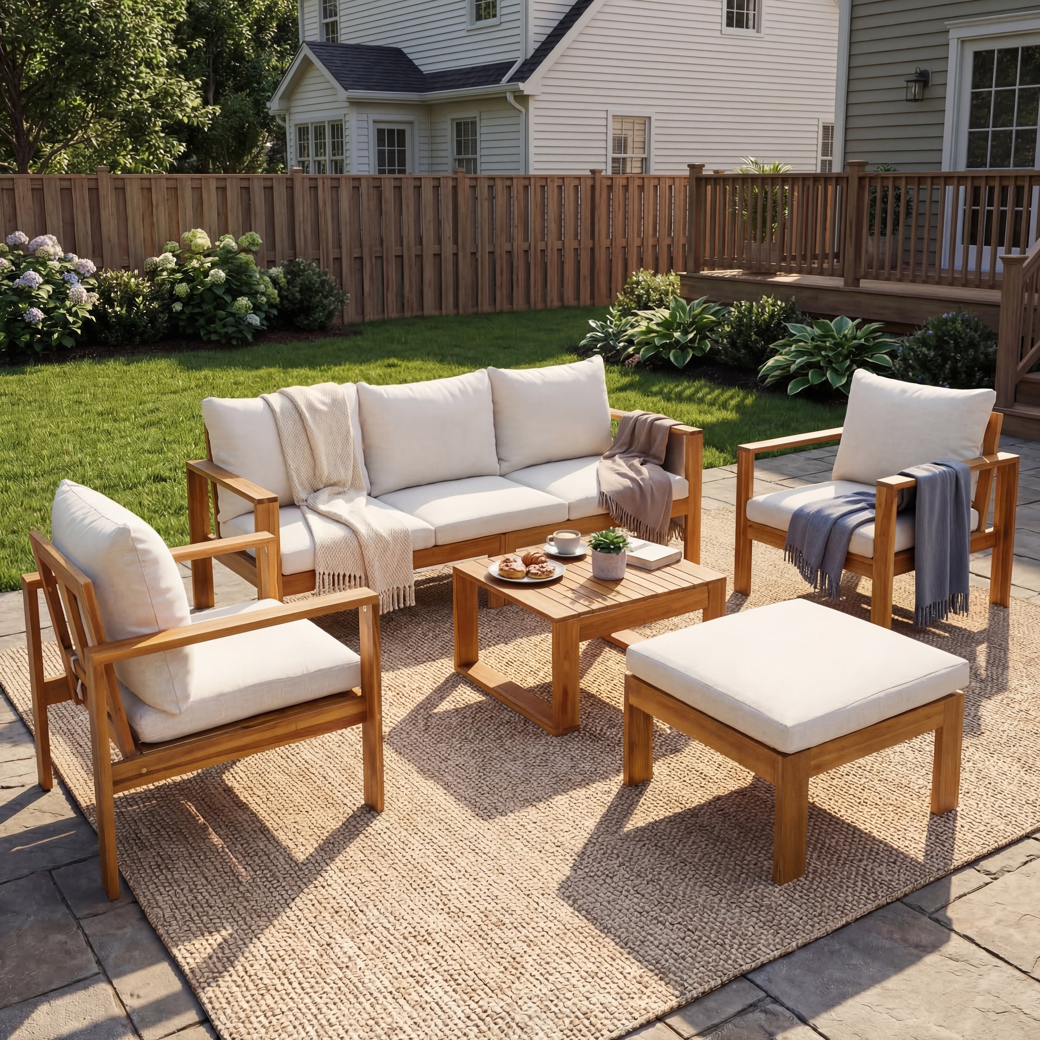 Patio Conversation Set With 3 Seater Sofa 2 Chairs Outdoor Sofa Set With Coffee Table Padded Ottoman